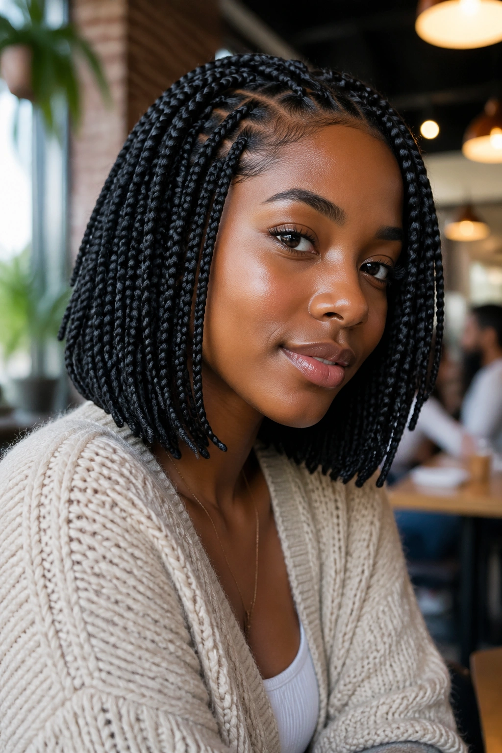 Portrait of a real woman with knotless bob-length box braids