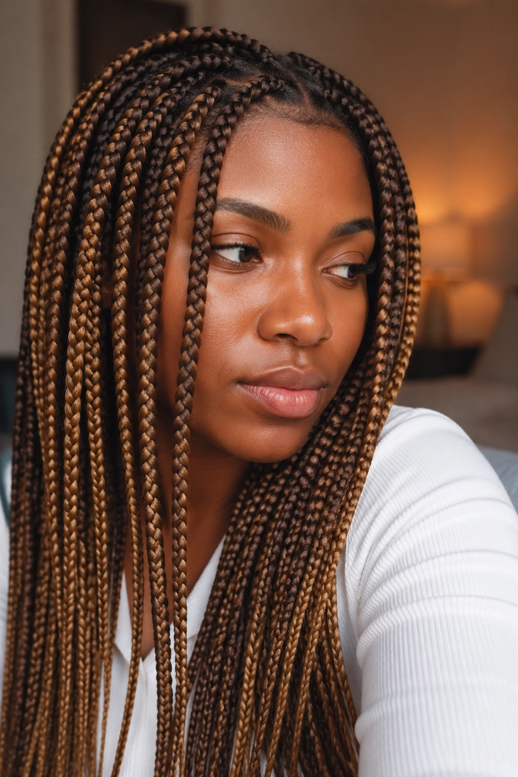 Real woman with chocolate and bronze knotless box braids