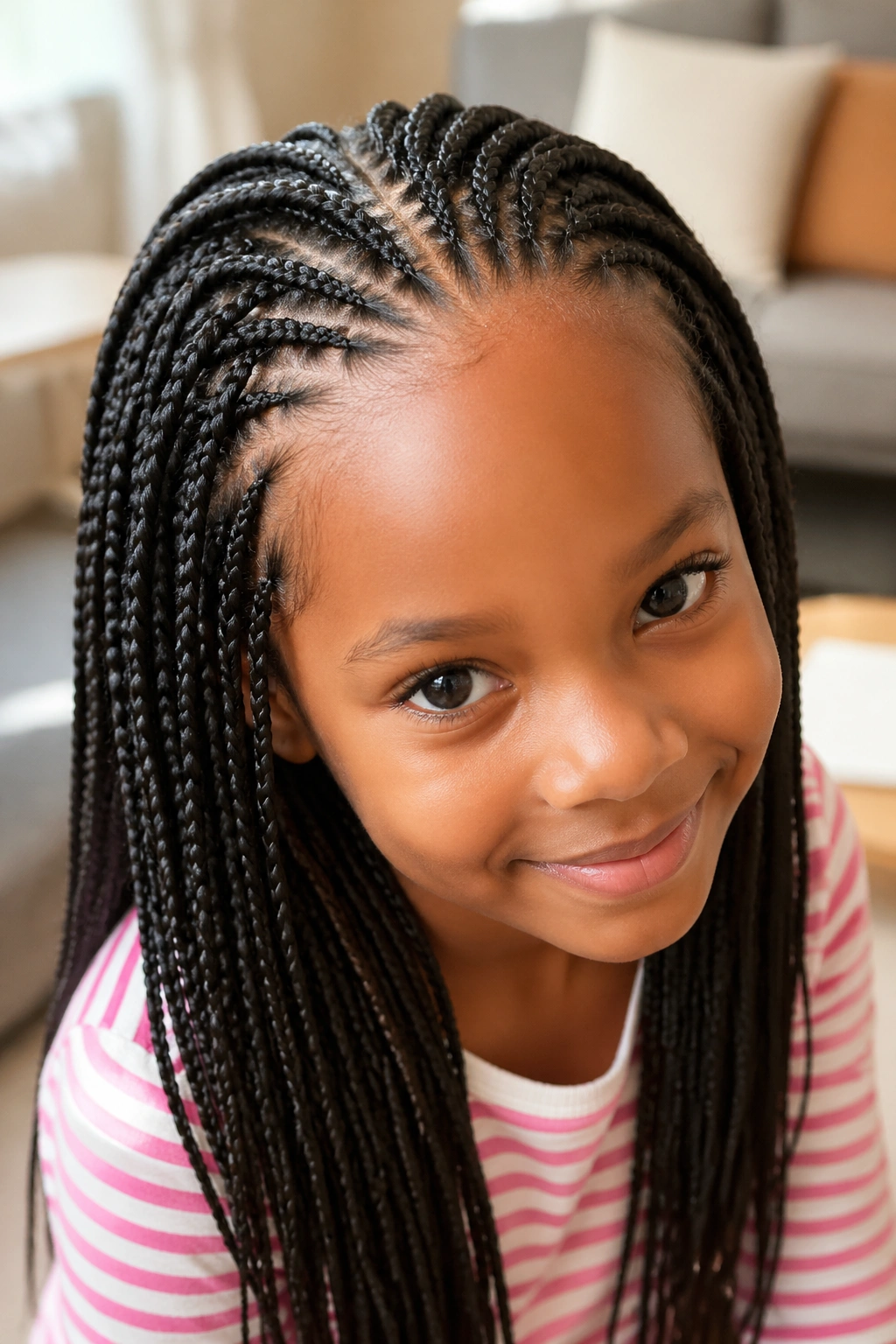 Close-up of a girl with small knotless box braids in a sunlit living room