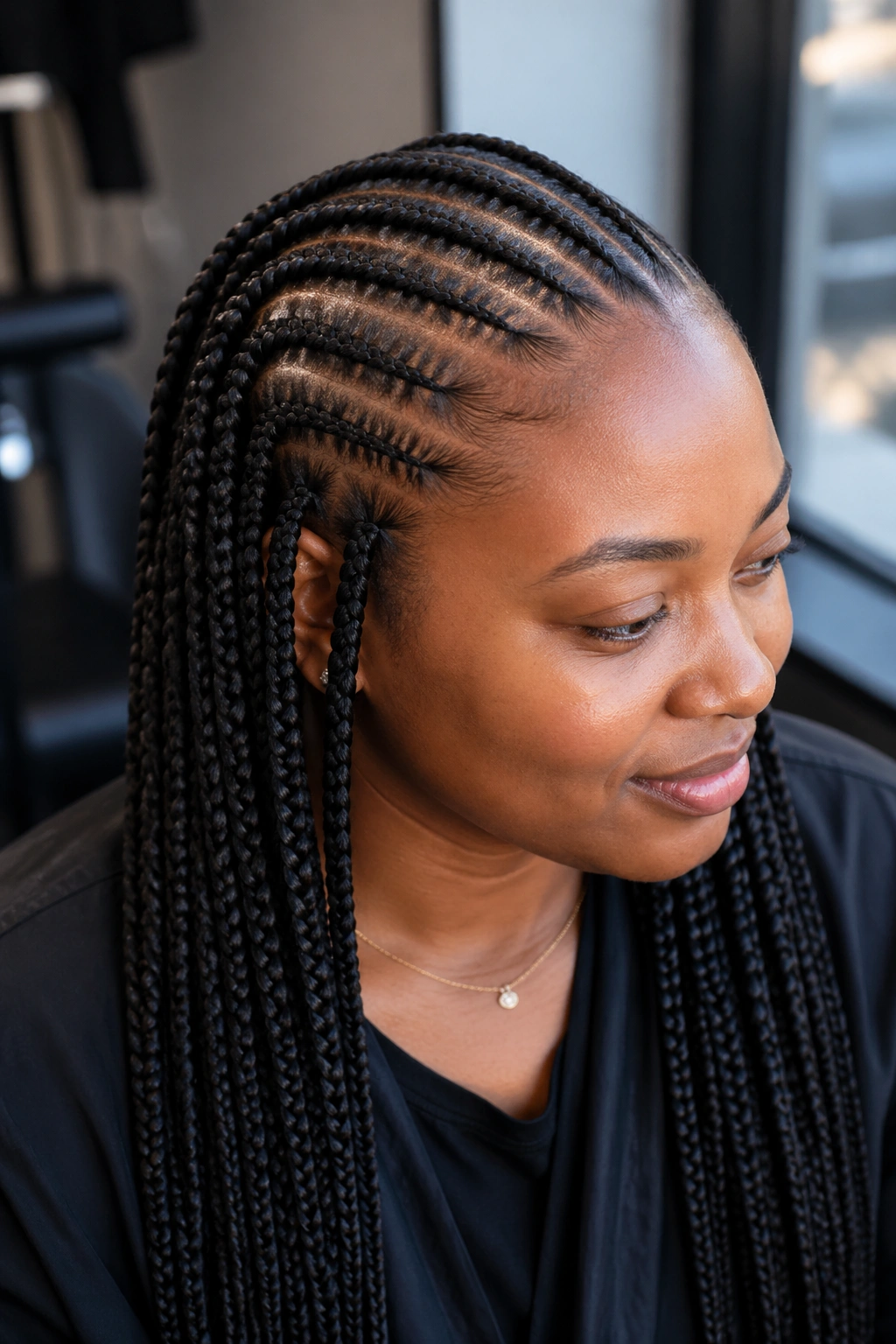 Close-up of knotless box braids starting from a cornrow base on a real woman in a salon