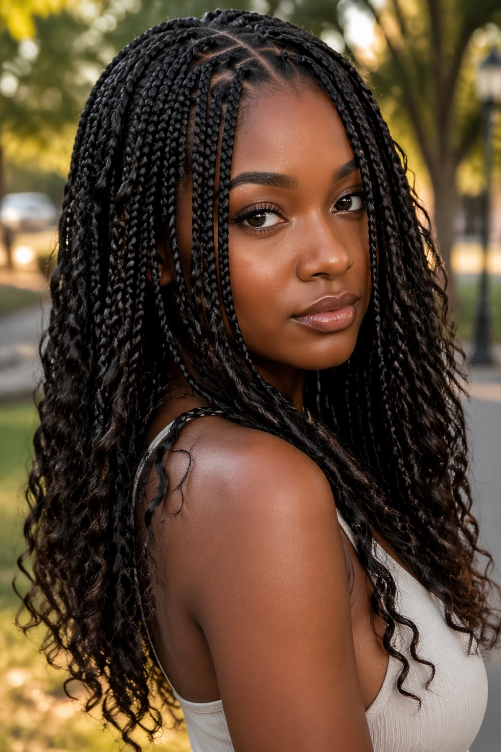 Real woman with knotless box braids and curly ends in golden hour outdoor setting
