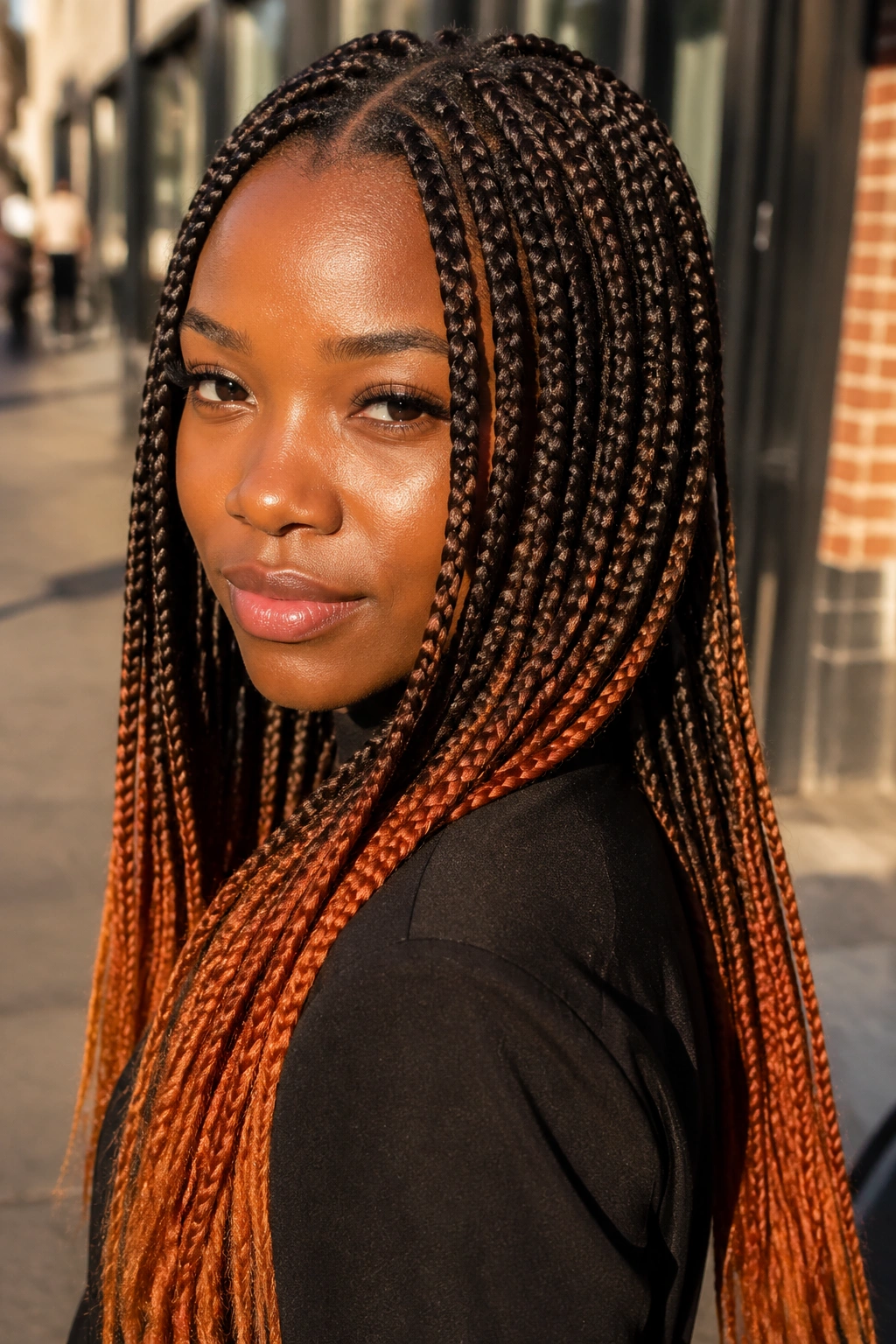 Portrait of knotless box braids fading from espresso to tangerine in outdoor light