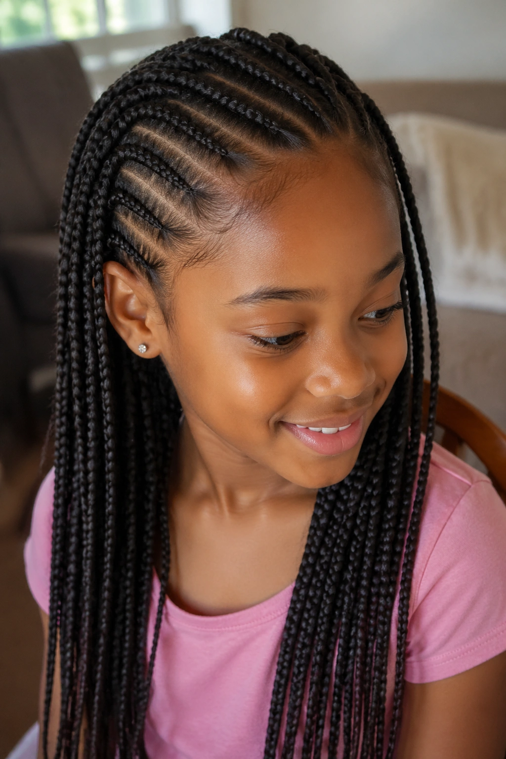 Close-up of child with knotless box braids in warm indoor light
