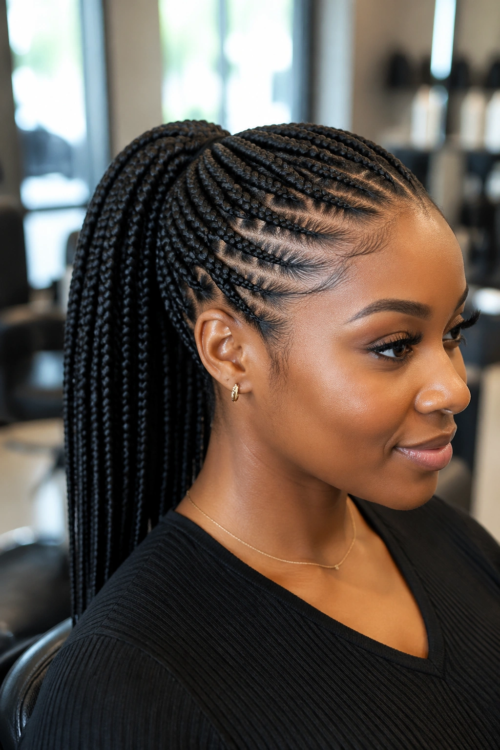 Close-up of a real Black woman with knotless box braids in a mid ponytail
