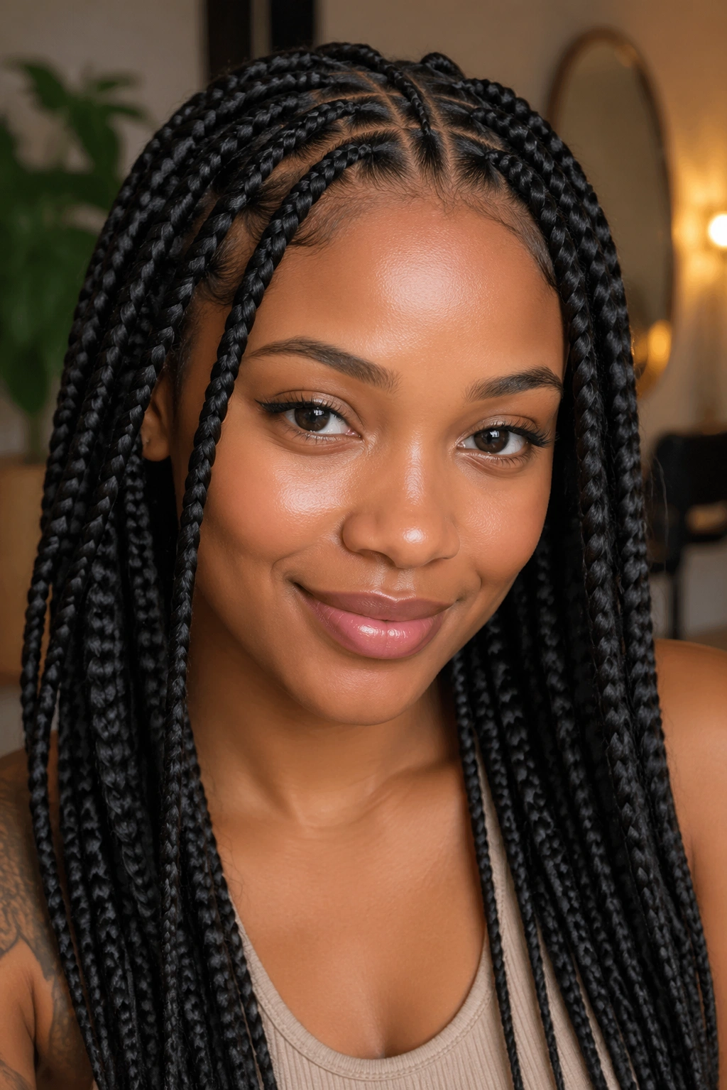 Close-up portrait of a person with knotless box braids