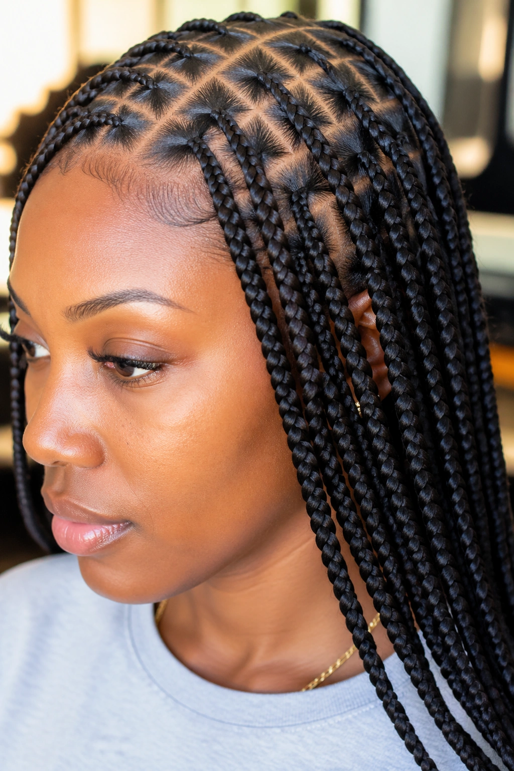 Portrait of a woman with knotless box braids showing smooth roots