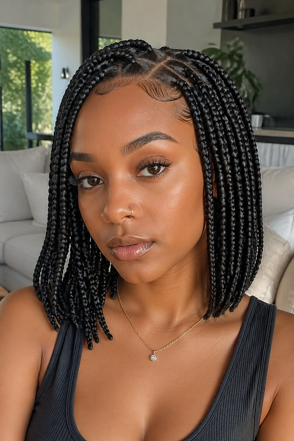 Close-up of a woman with knotless short box braids in a bright home setting