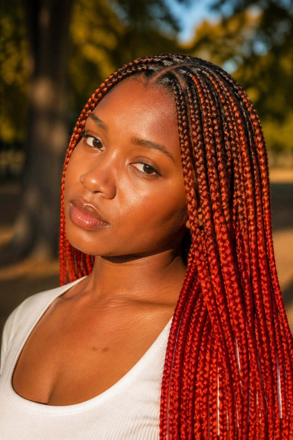 Close-up of knotless orange-red box braids with copper-to-red-orange gradient on a real person