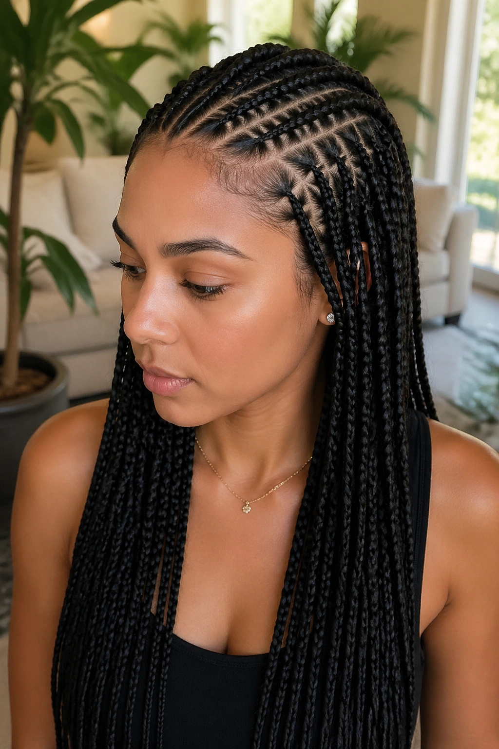 Real person with knotless box braids showing knotless base