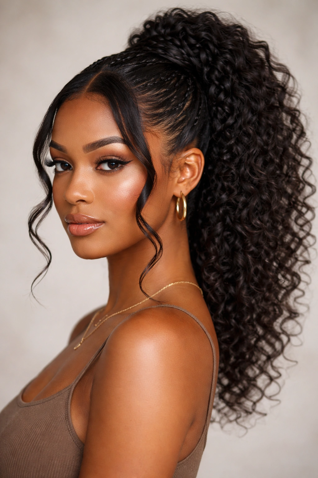 Knotless braid base ponytail with soft face-framing pieces