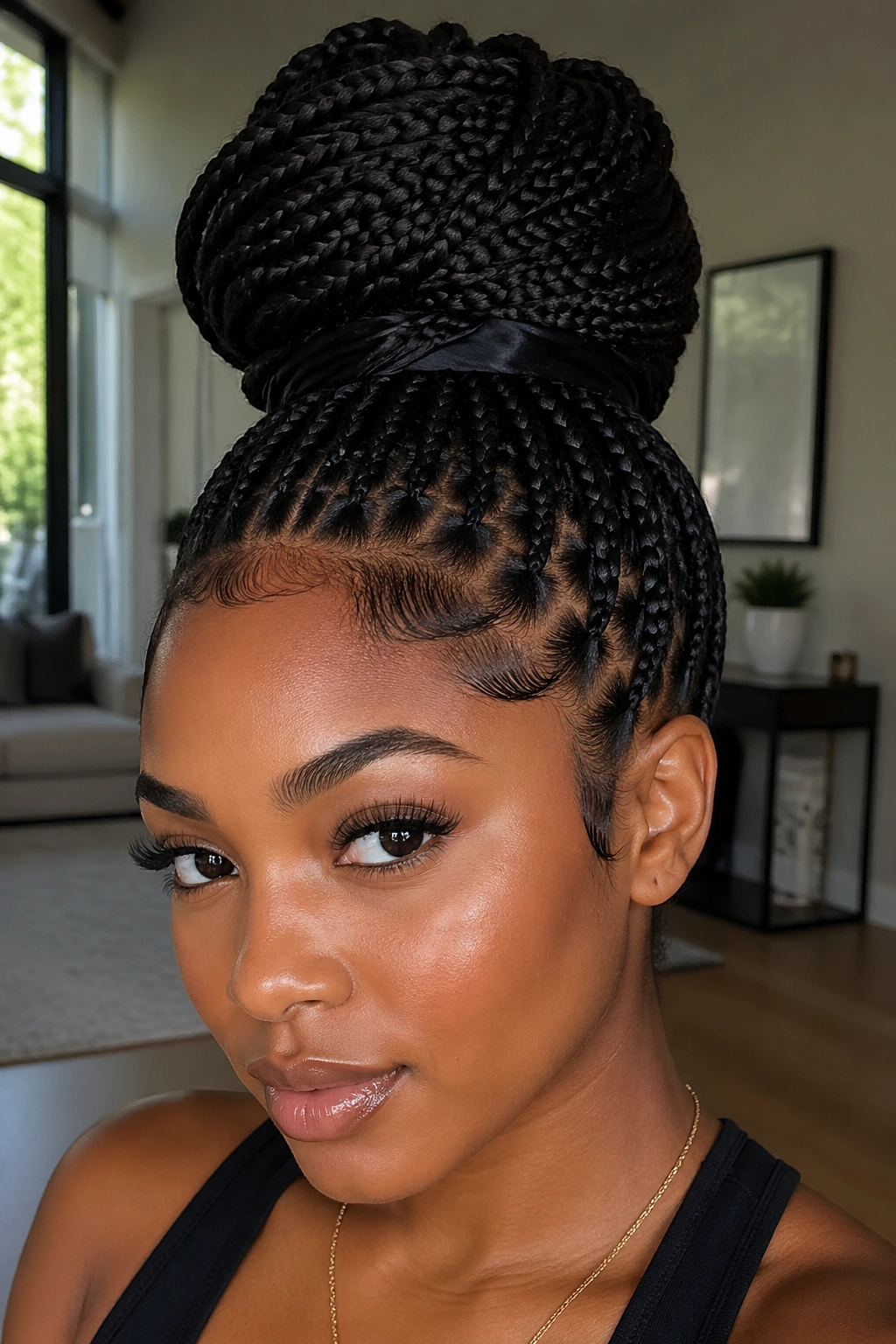 Close-up of a real woman with a knotless braid high bun