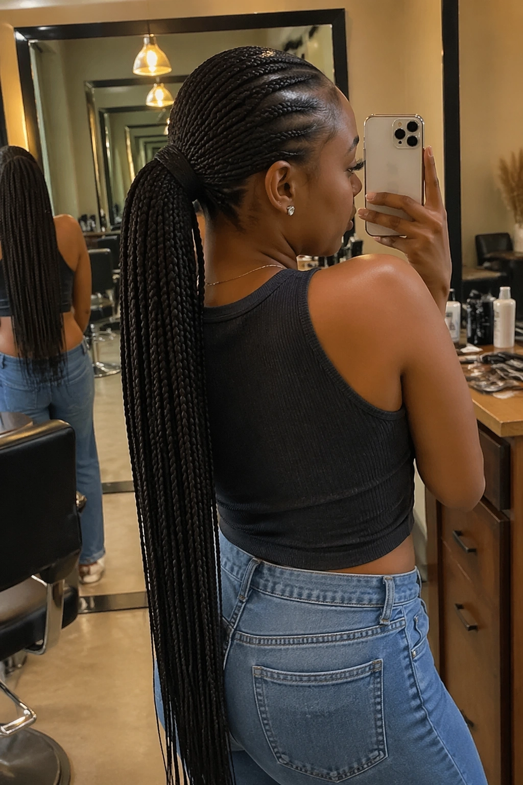 Over-the-shoulder view of Knotless Braid Ponytail in a salon mirror.