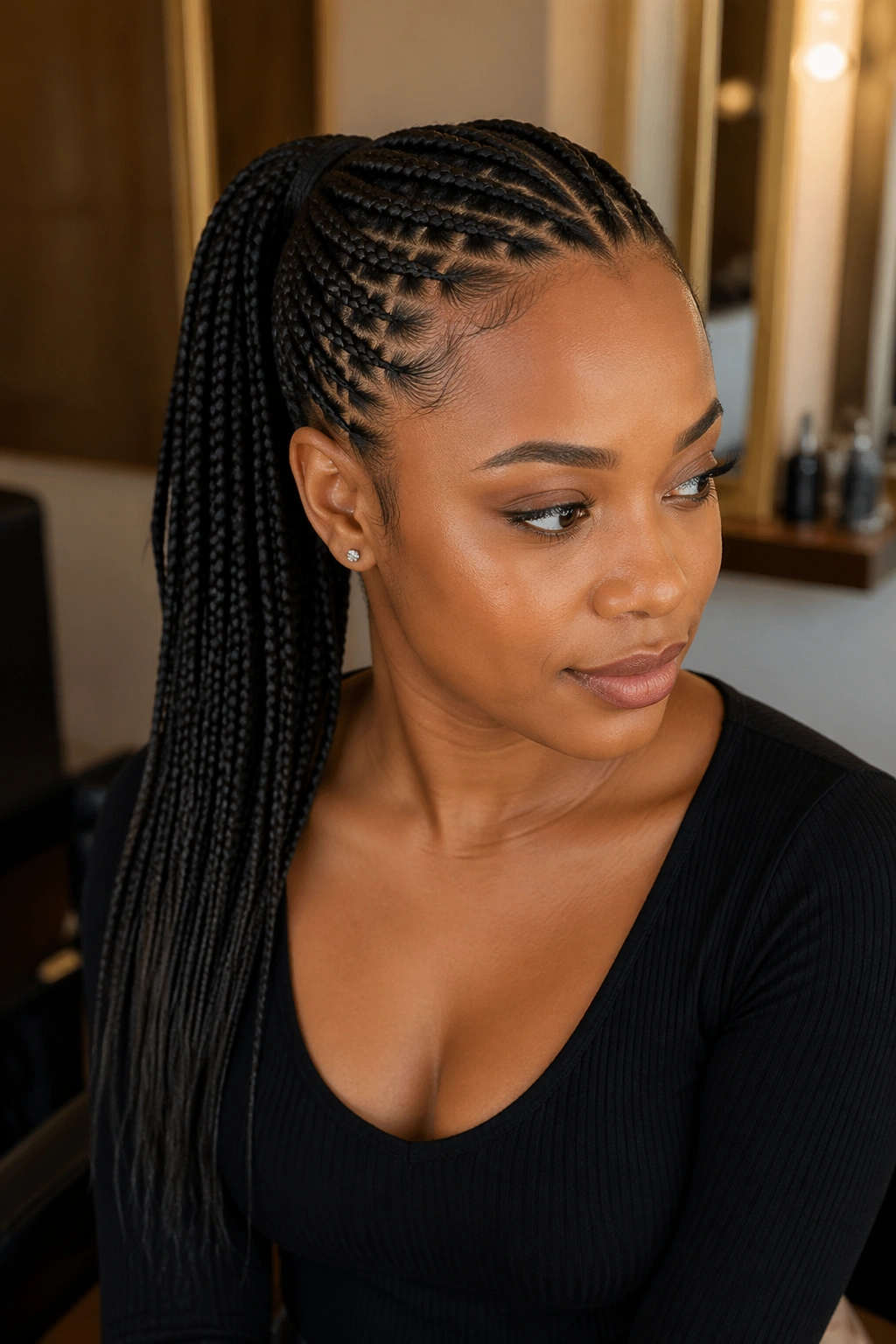Close-up of a real woman with knotless braid mid ponytail