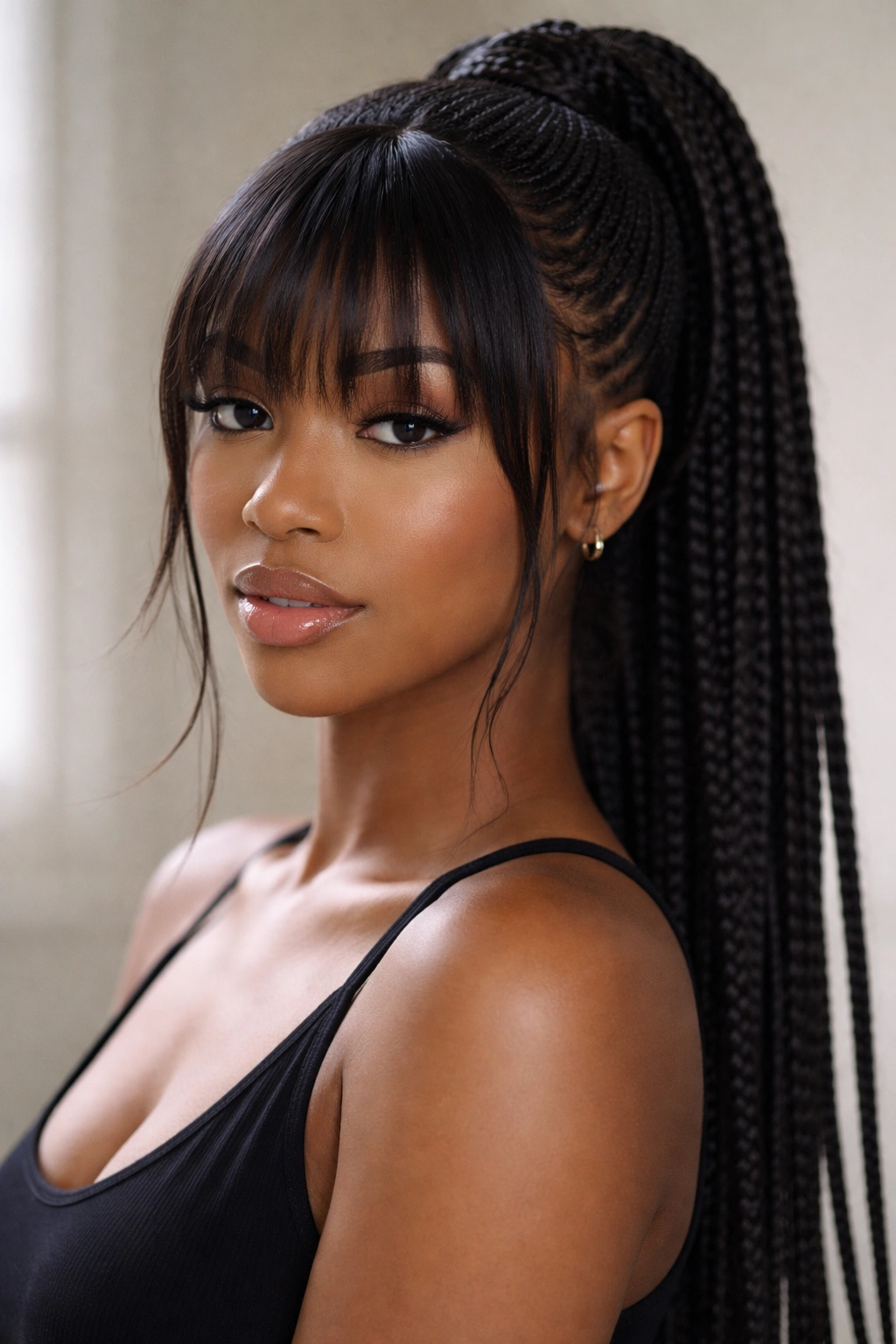 Knotless braid ponytail with fringed bangs