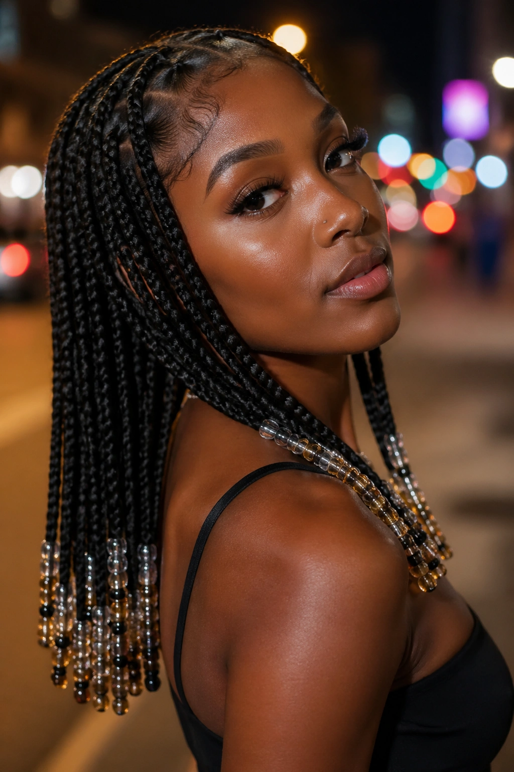 Close-up of knotless braids with beads on a real person, city lights background