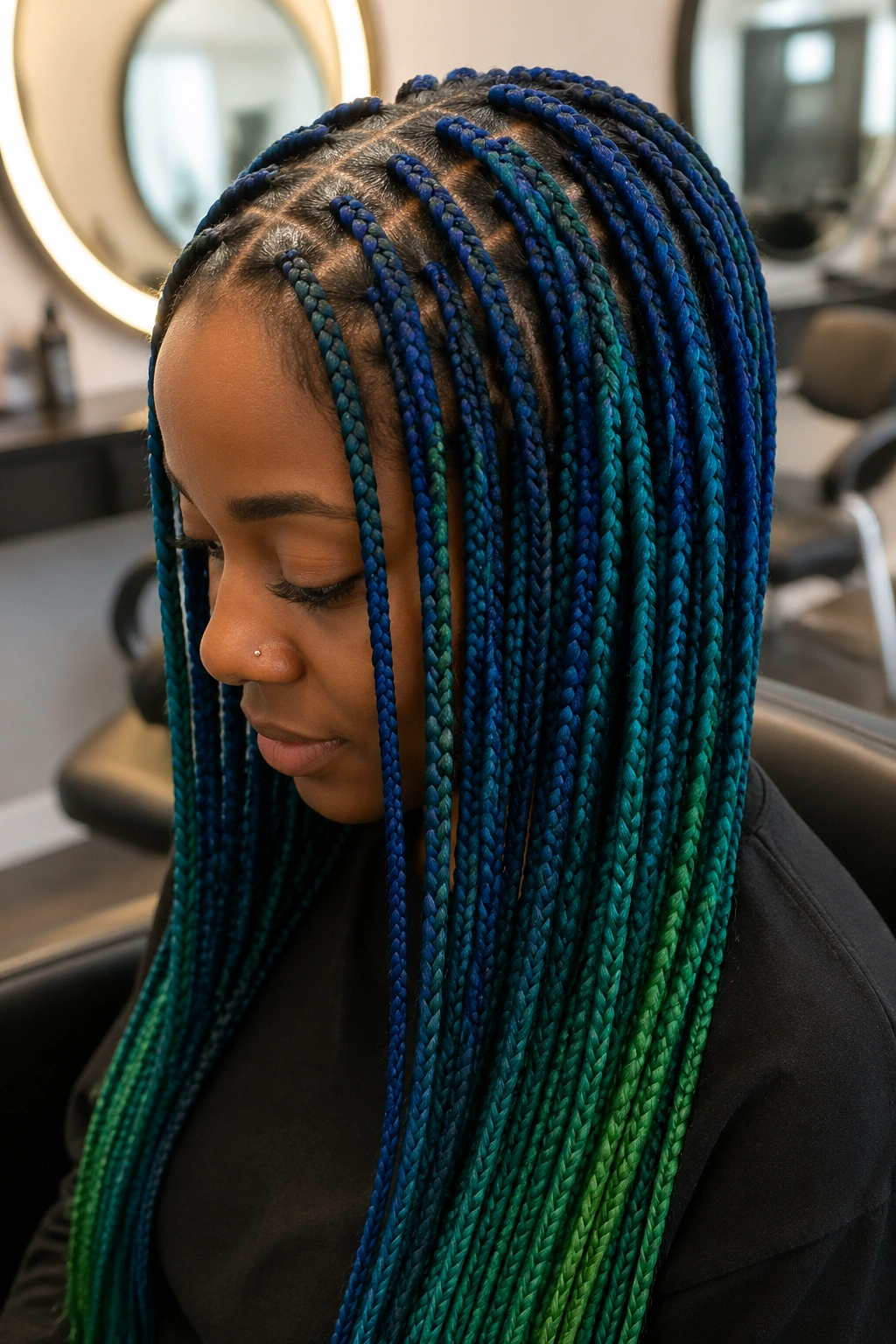 Portrait of a real person with knotless blue and green box braids starting at the scalp