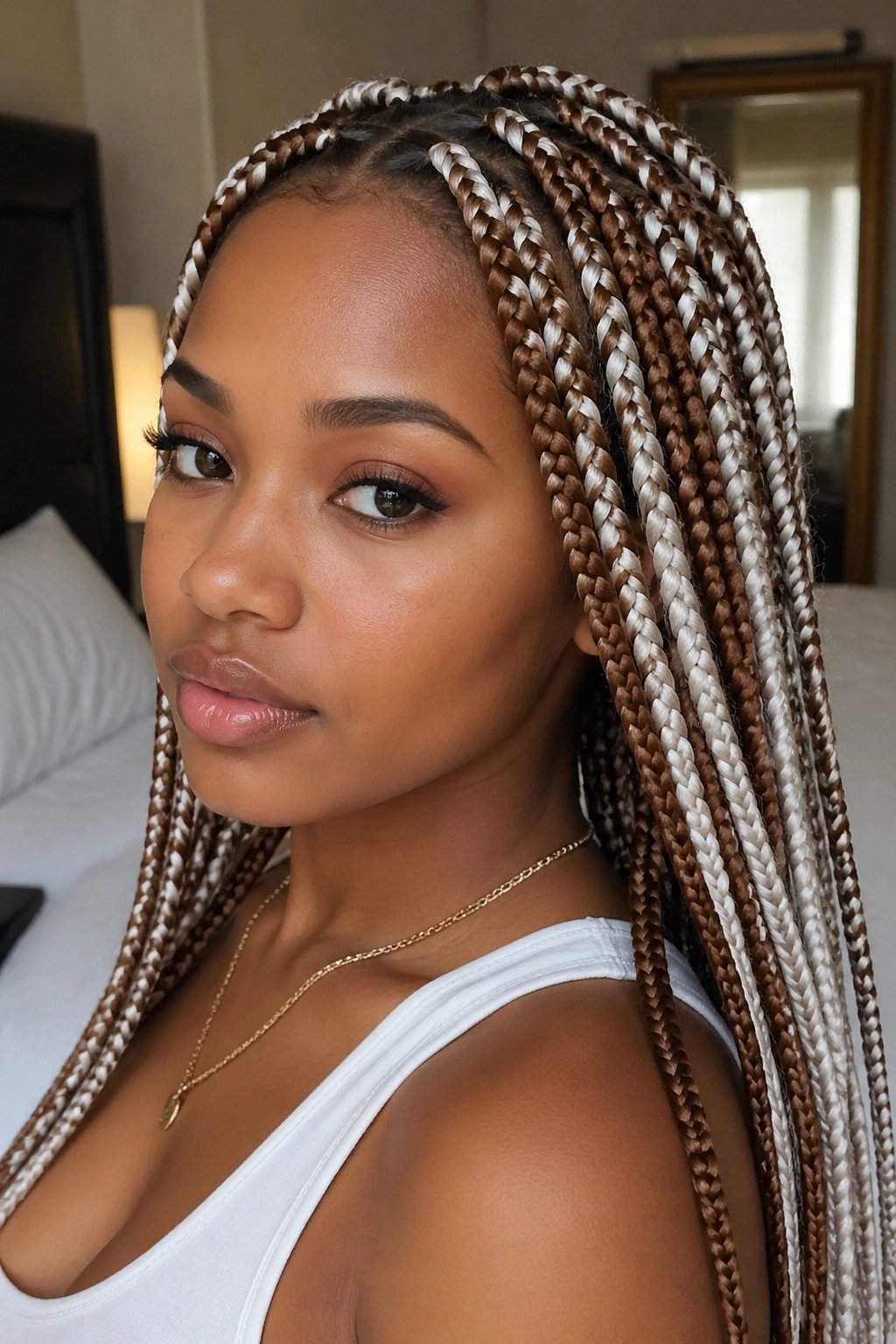 Close-up of a real woman with medium knotless brown and white box braids under soft window light