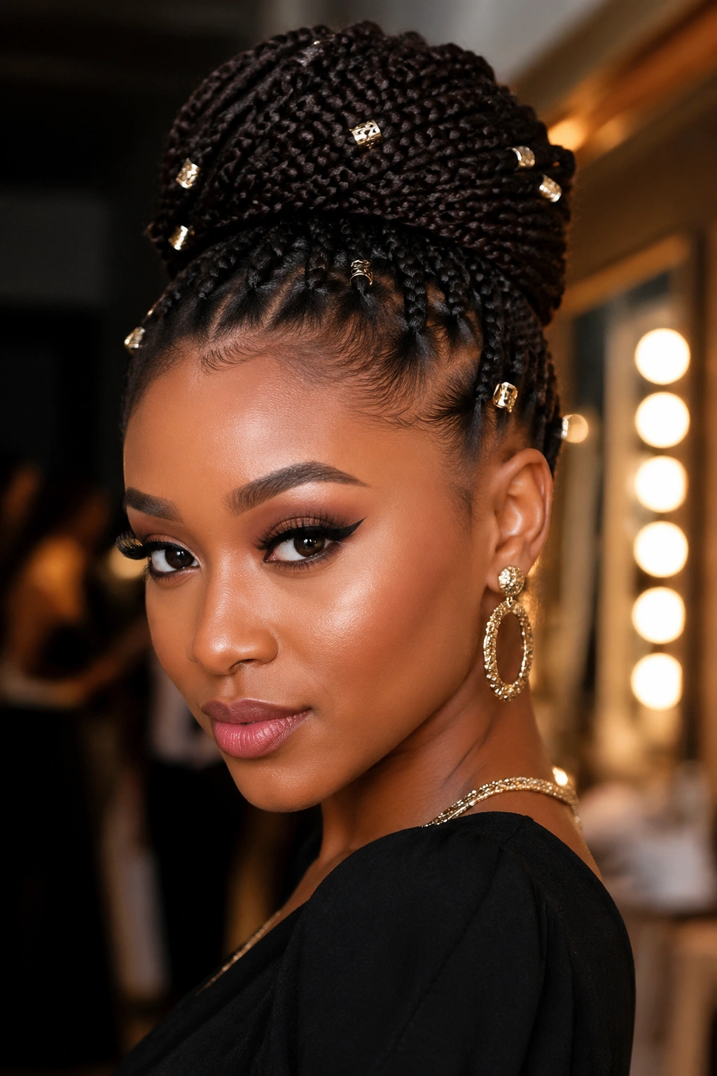 Portrait of a woman with knotless box braids styled into an updo and metallic cuffs.