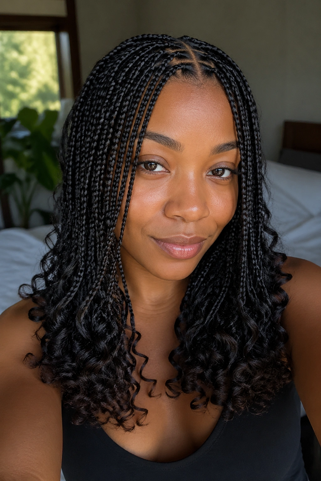 Close-up of a real woman with knotless braids and defined curl ends in soft natural bedroom light