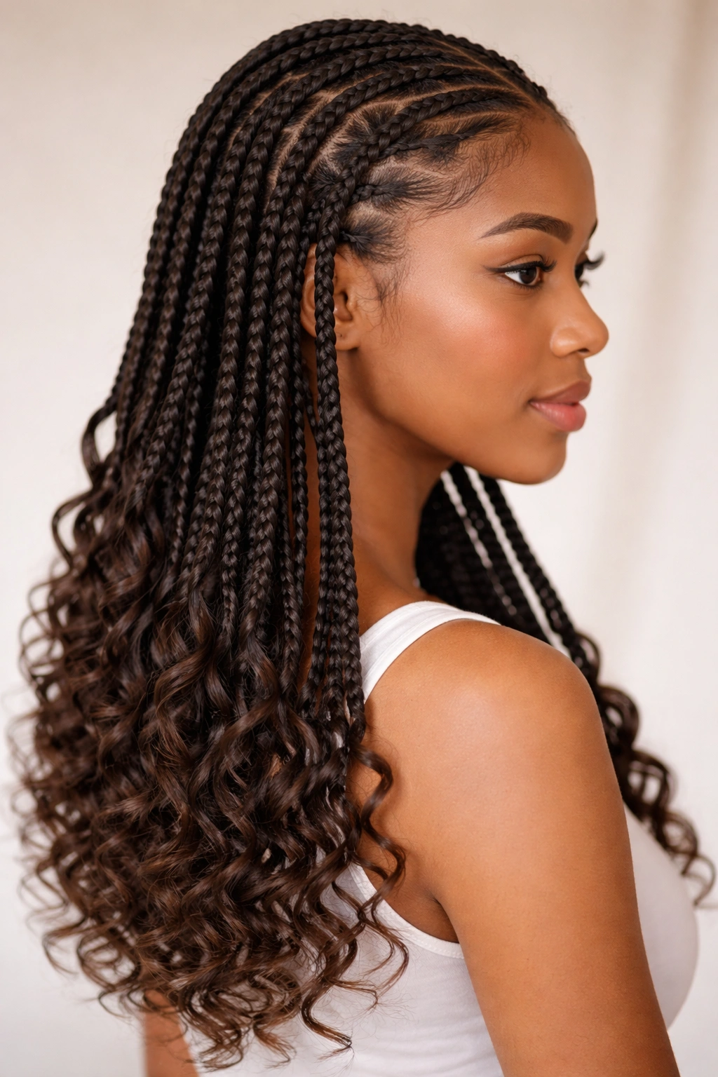 Side profile of knotless braids with loose spiral ends and natural drape