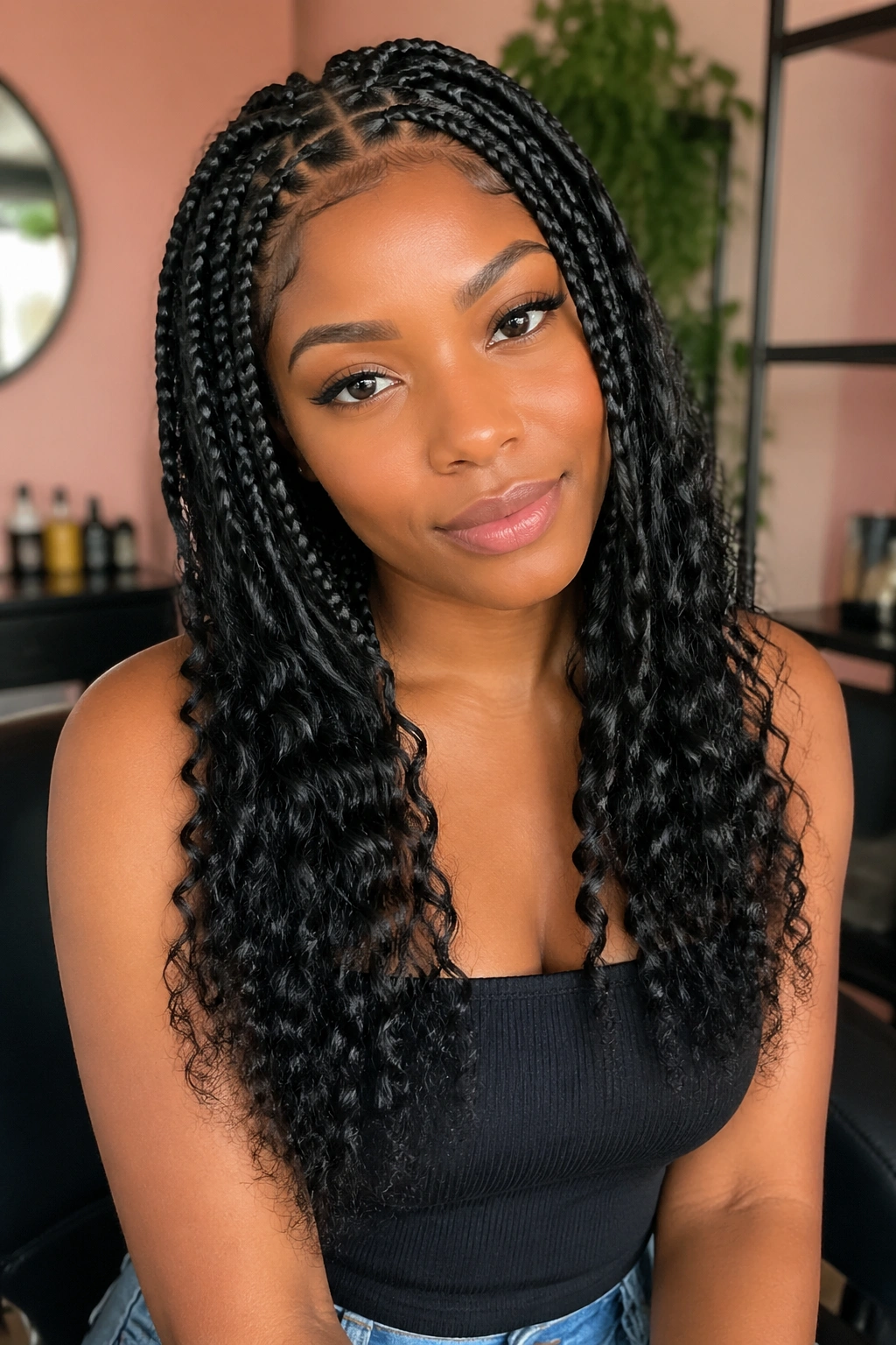 Close-up of Knotless Braids With Curly Ends on a real person, showing smooth knotless braids ending in curls.