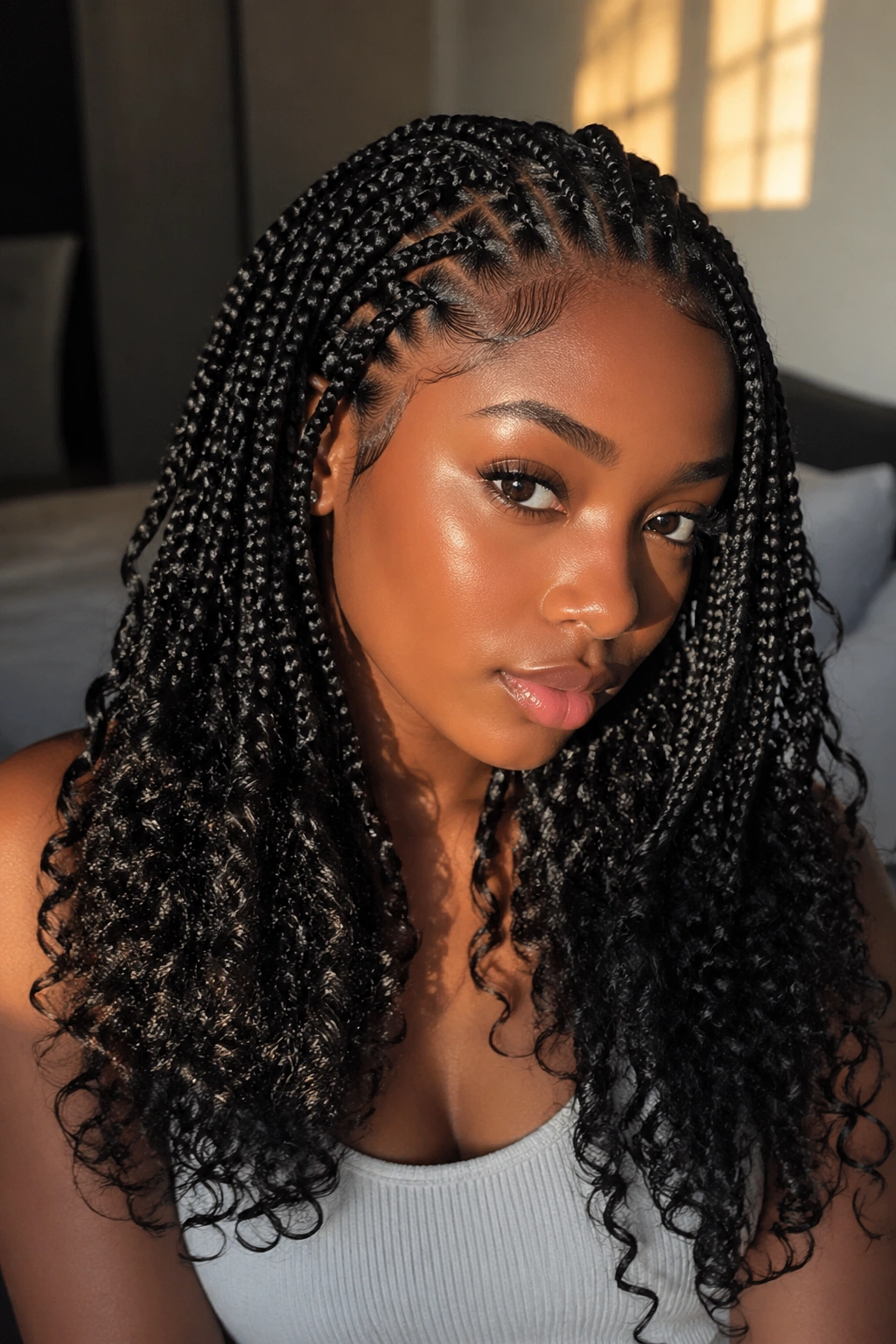 Close-up of a real woman with knotless braids, curls at ends, and smooth edges