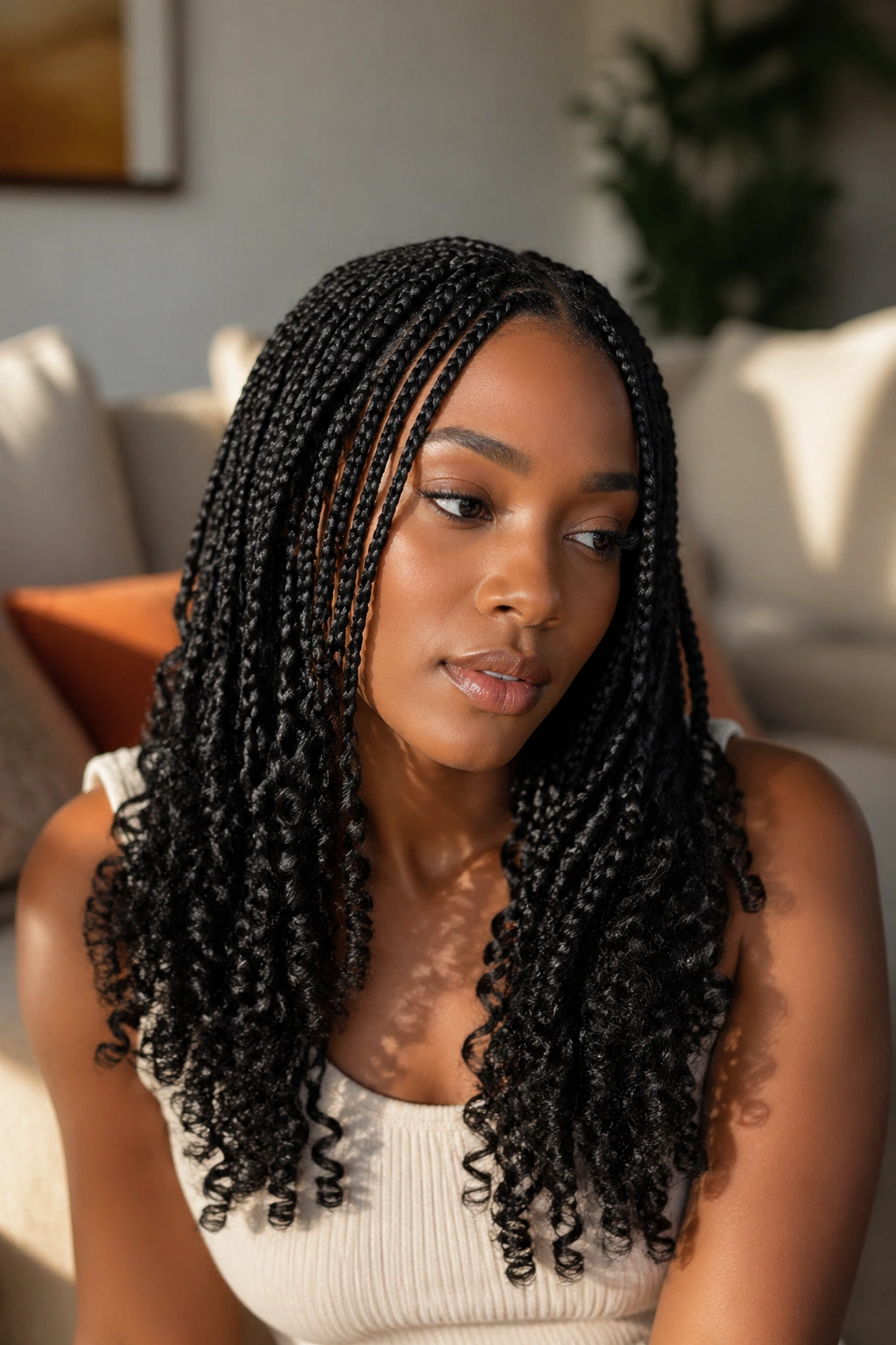 Close-up of knotless braids with curl ends on a real person