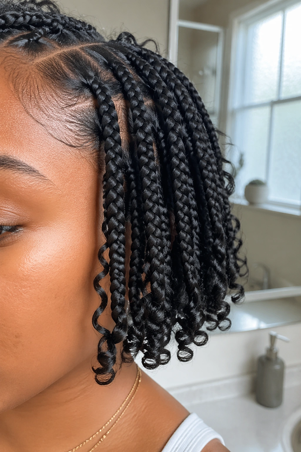 Close-up knotless bob braids with curly ends at the hairline.