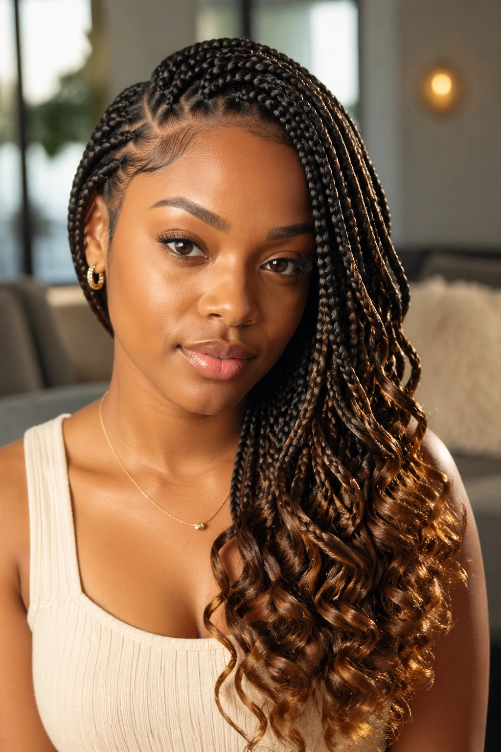 Portrait of knotless braids with curls swept to one side on a real person
