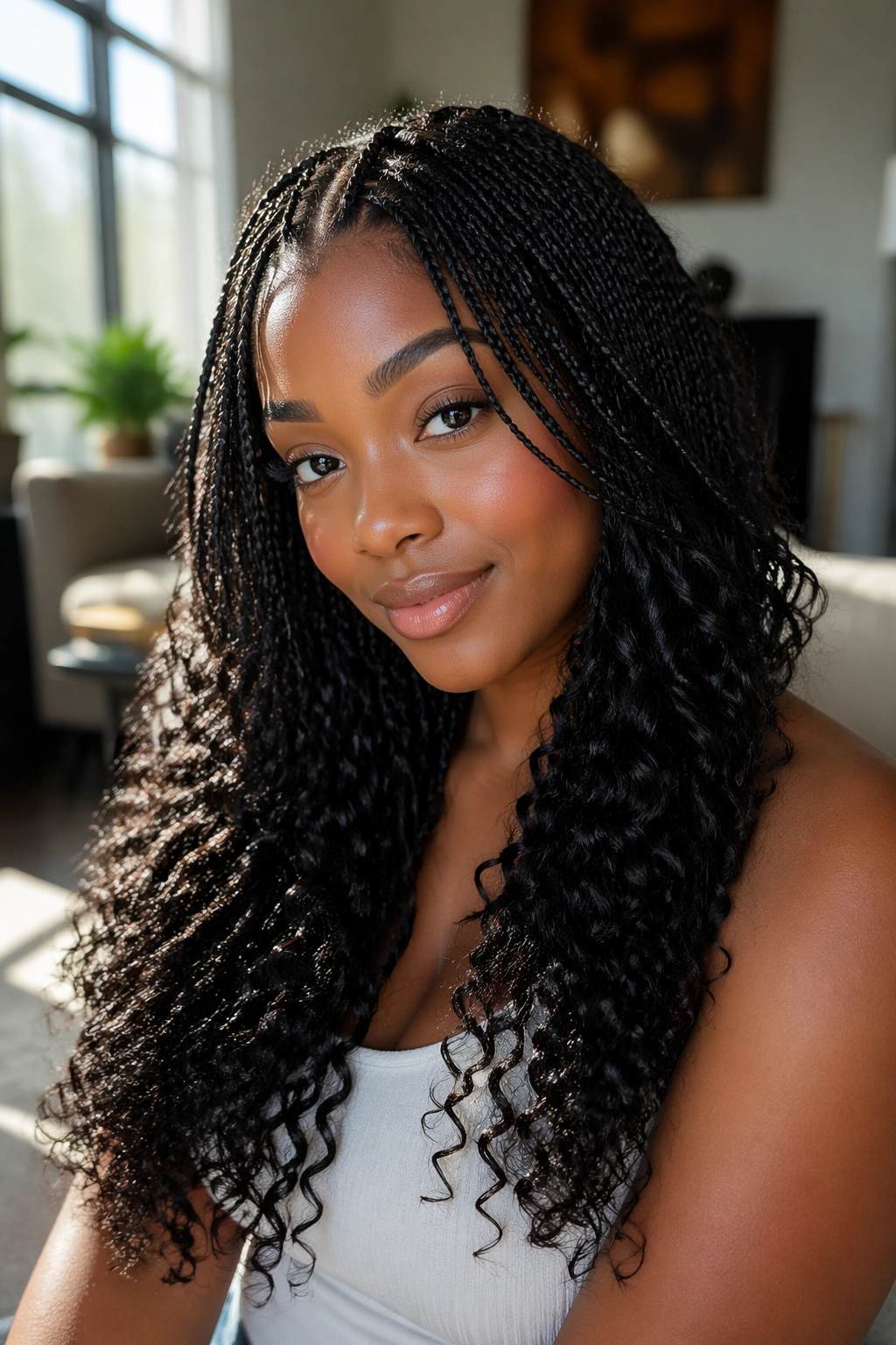 Close-up of knotless braids with curls on a real person.