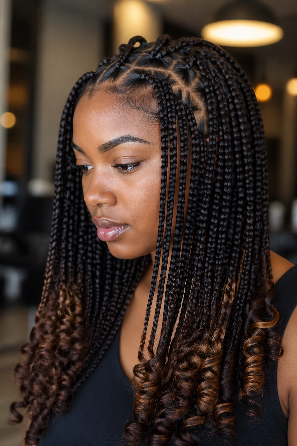 Close-up of a real woman with knotless braids showing a six-week root refresh and refreshed curls