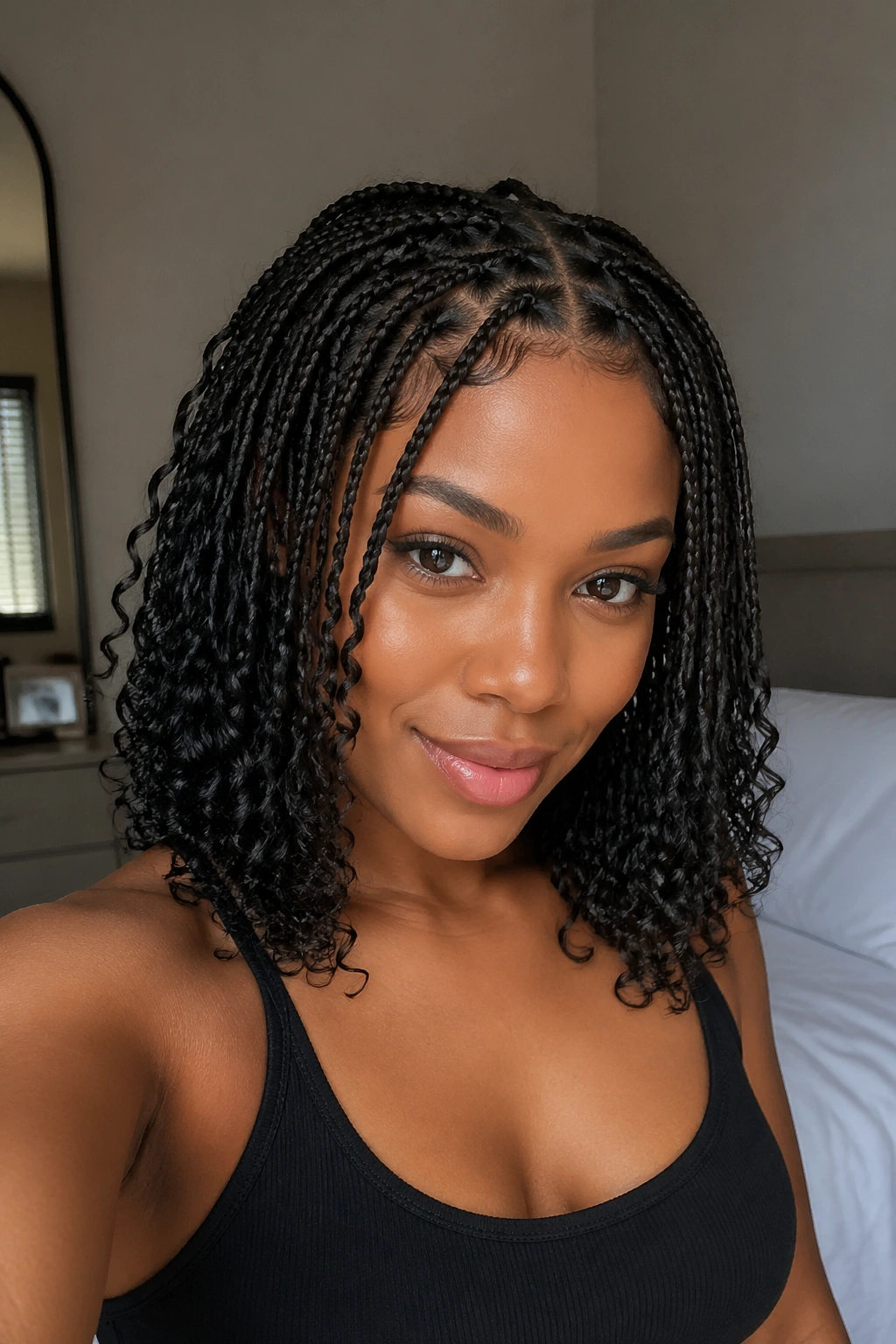 Real woman with knotless braids on short to medium length hair and curly ends