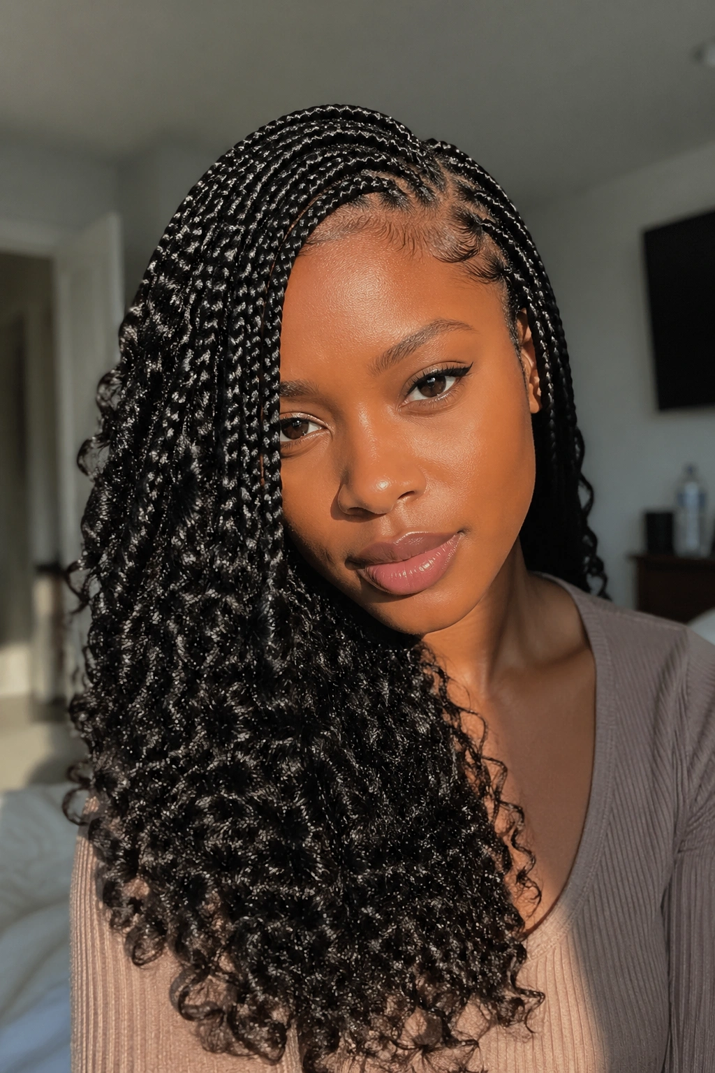 Close-up portrait of knotless braids with curls and a deep side part on a real person