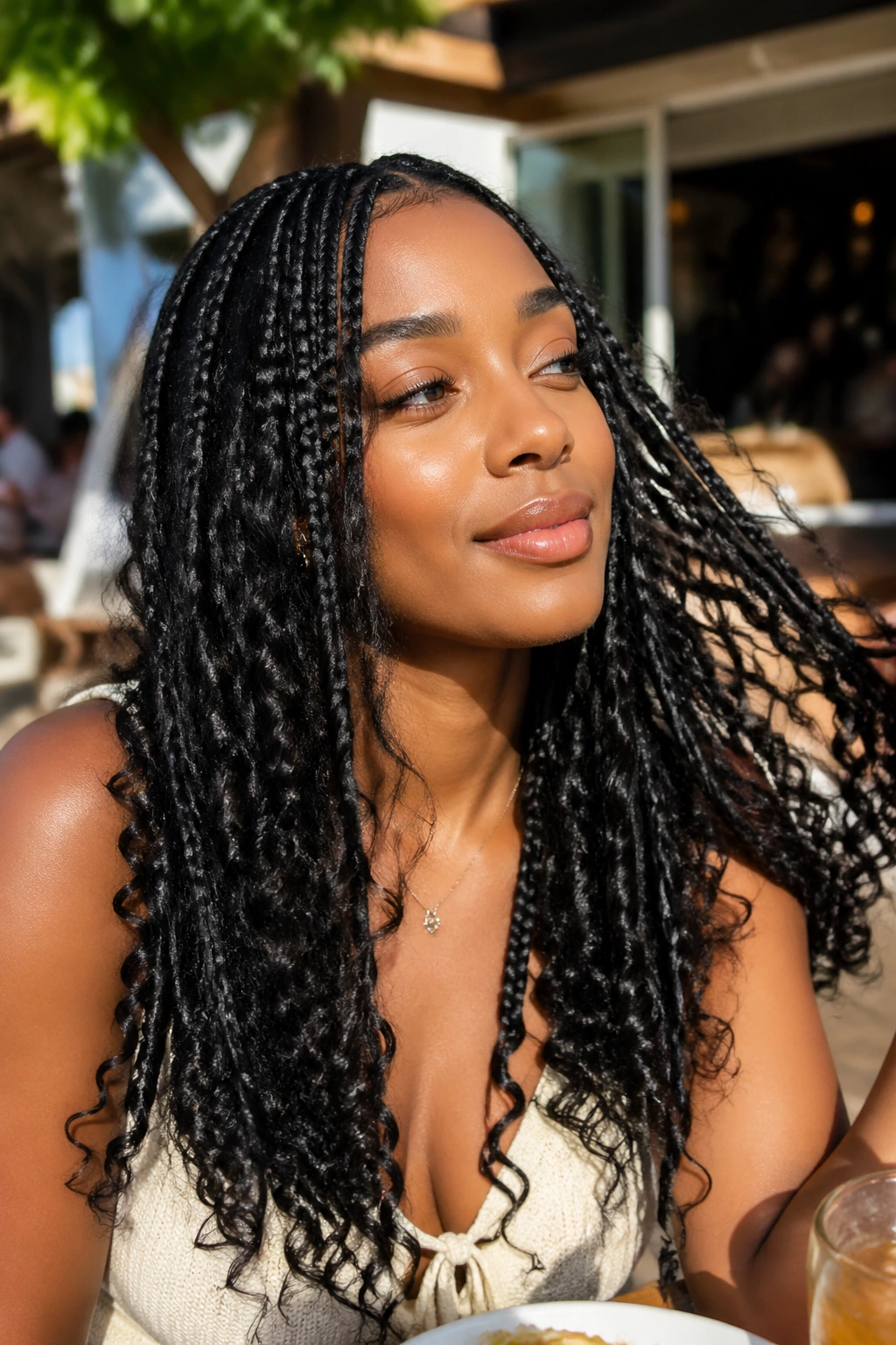 Close-up of a real woman with knotless braids and curls in summer light.