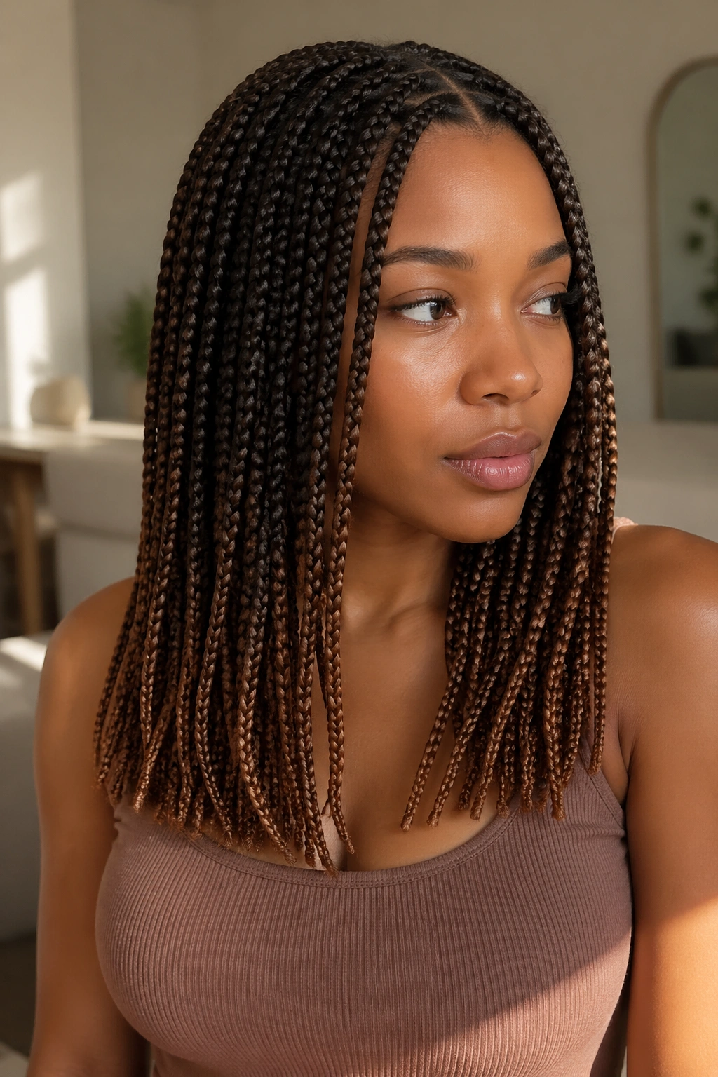 Portrait of a real person with espresso-to-chestnut knotless box braids