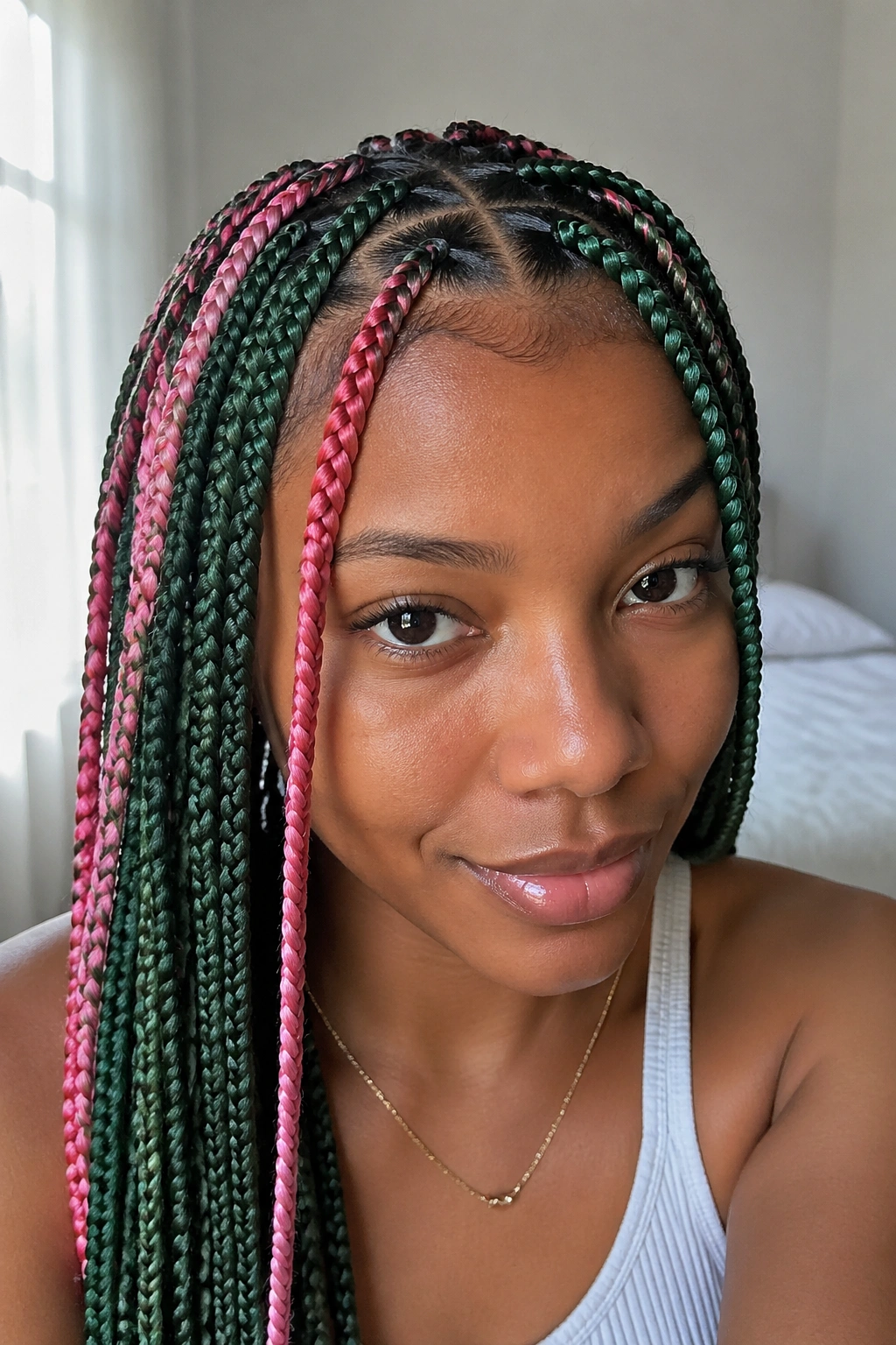 Knotless braids with face-framing pieces close-up on real person