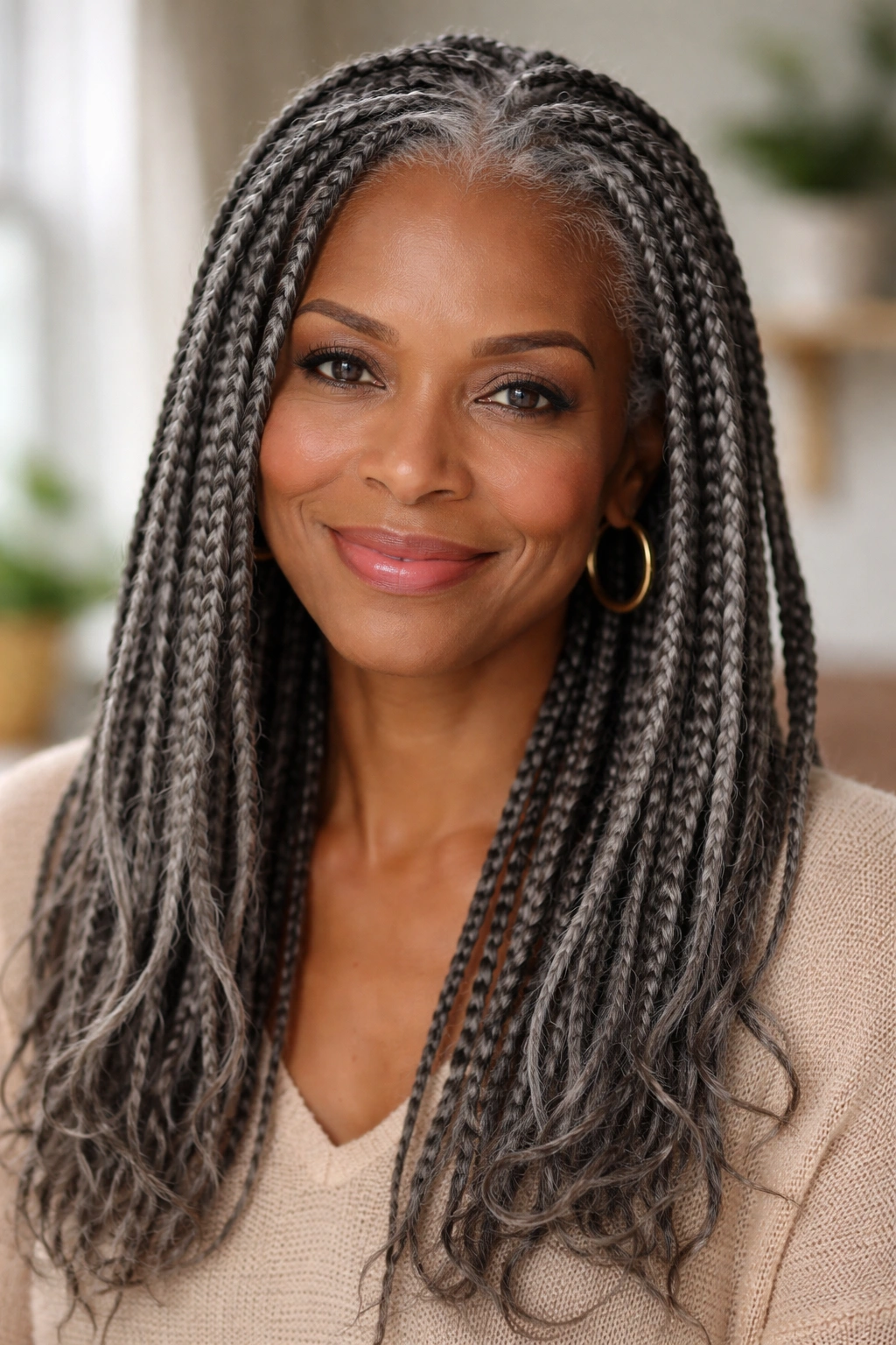 Close-up portrait of a real woman with knotless braids on grey hair
