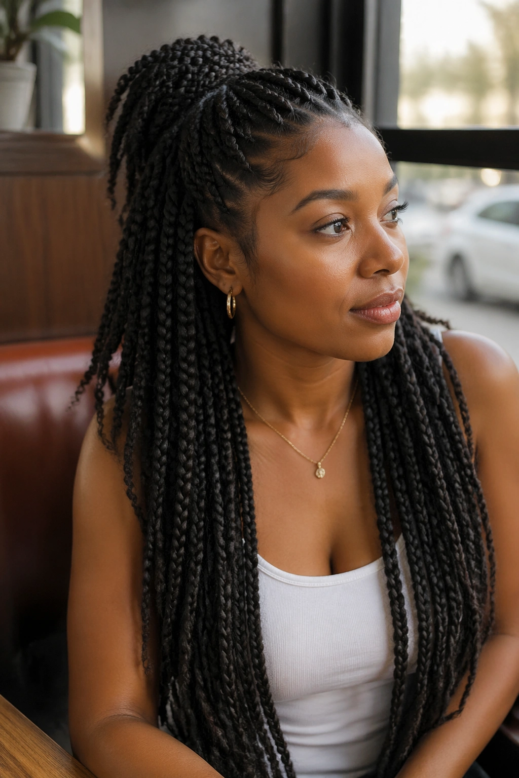Close-up of knotless braids pinned into a soft half pony on a real woman in a cafe setting