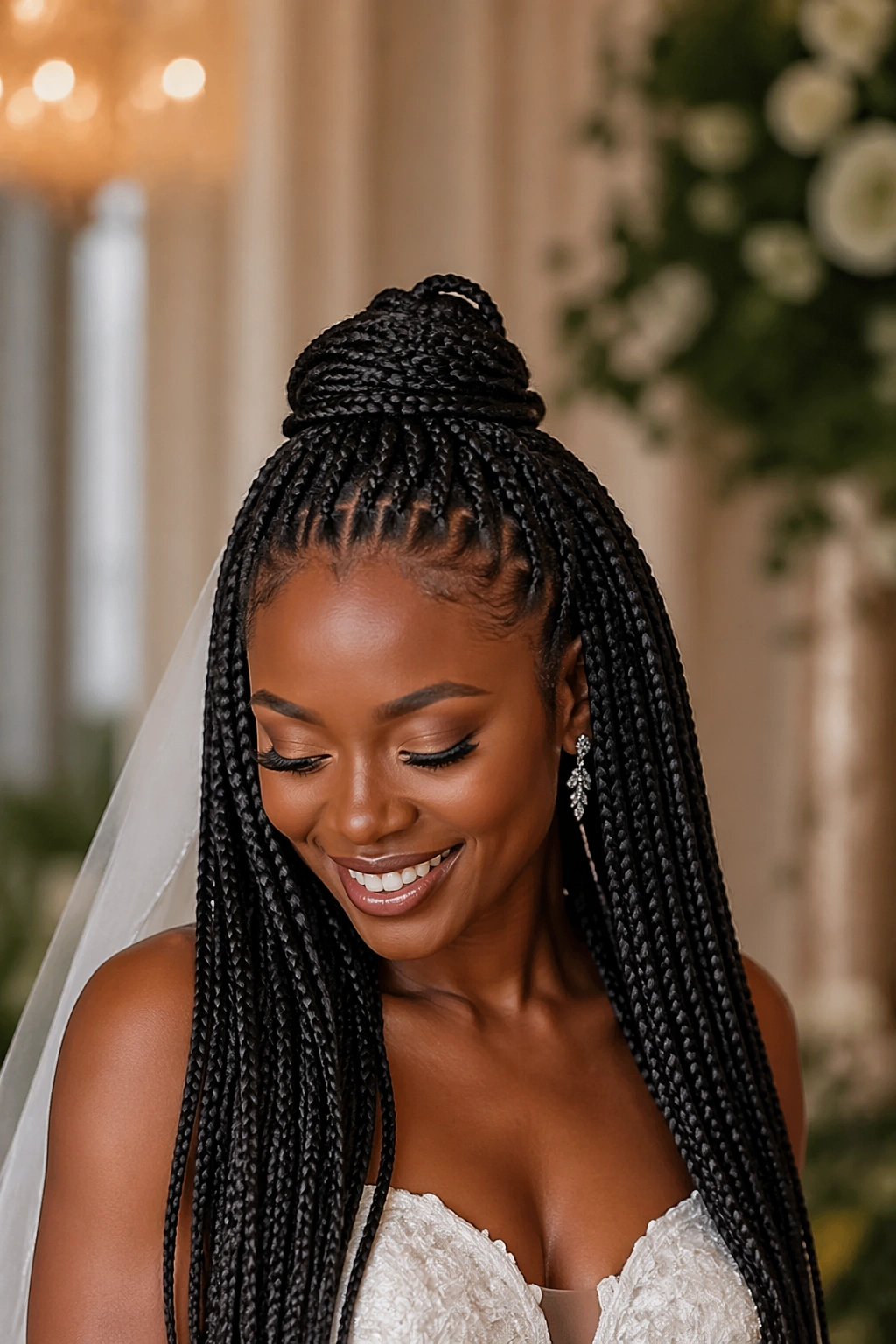 Real bride with knotless braids half up half down at wedding venue
