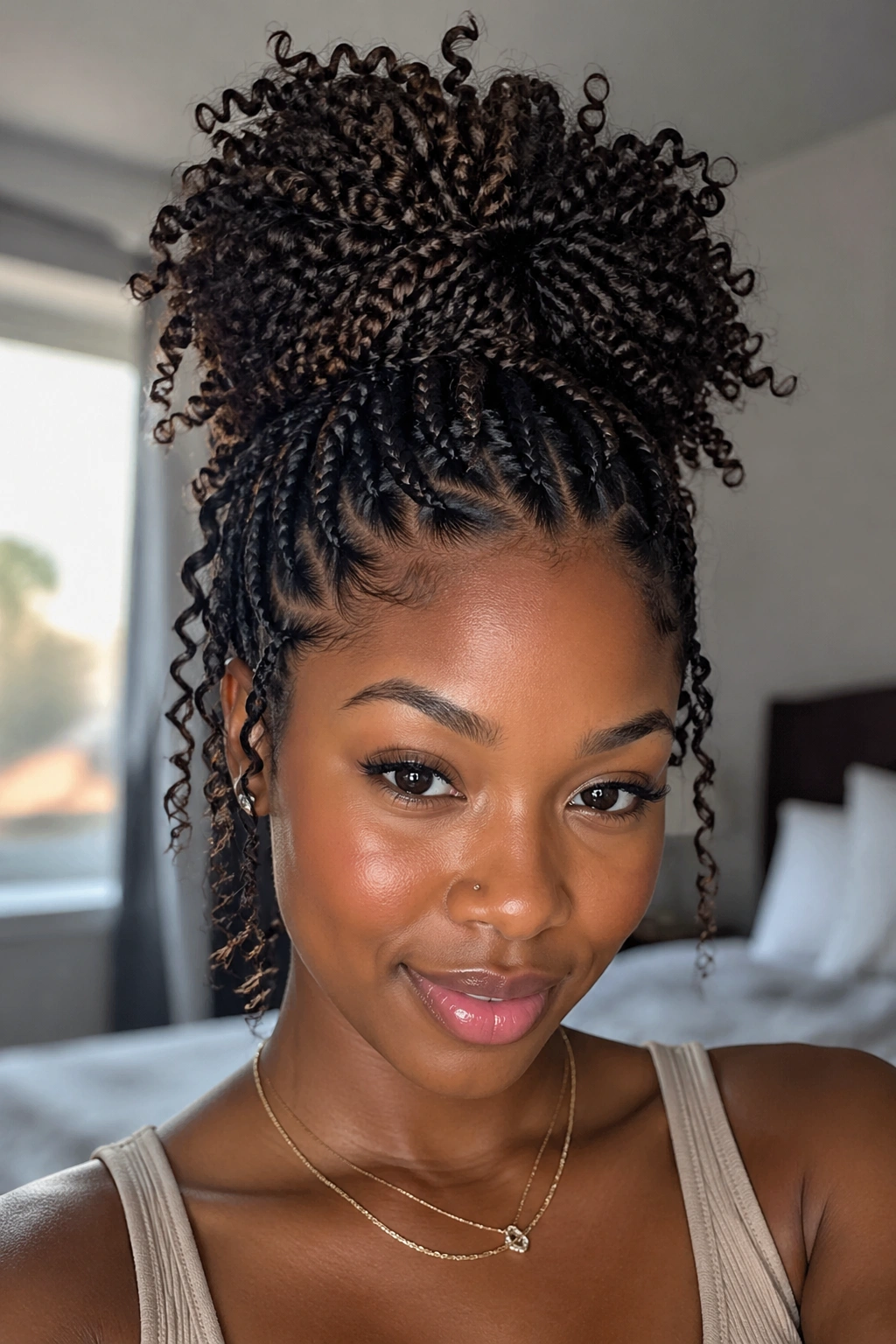 Real woman with knotless braids styled into a high puff and curly ends