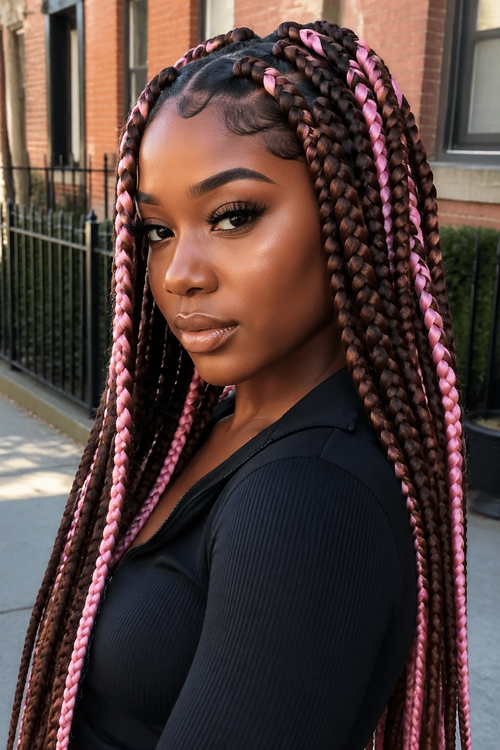Real woman wearing jumbo brown and pink knotless braids.