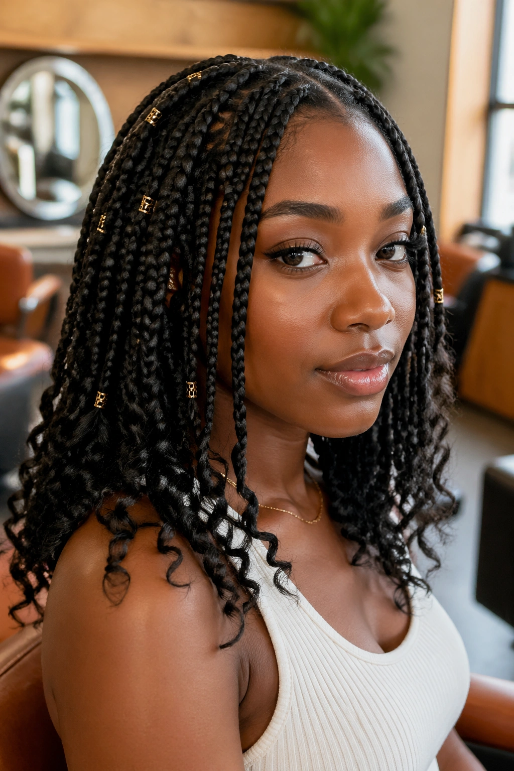 Close-up of a real woman's knotless braids with curls and loc rings.
