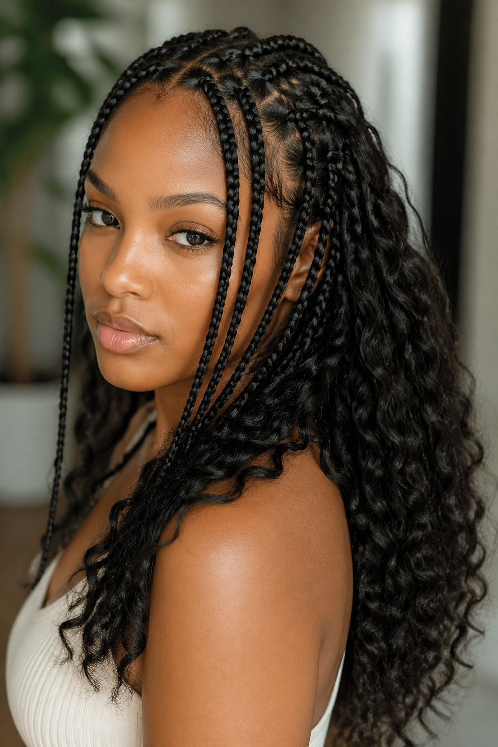 Real woman with knotless front braids and loose curl cascade at back