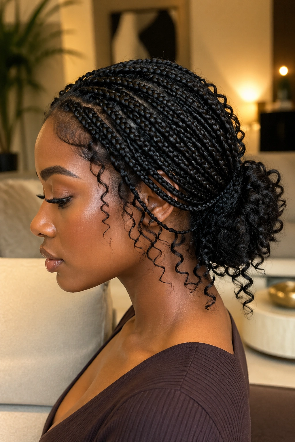 Real woman with knotless braids in a low bun and curling ends