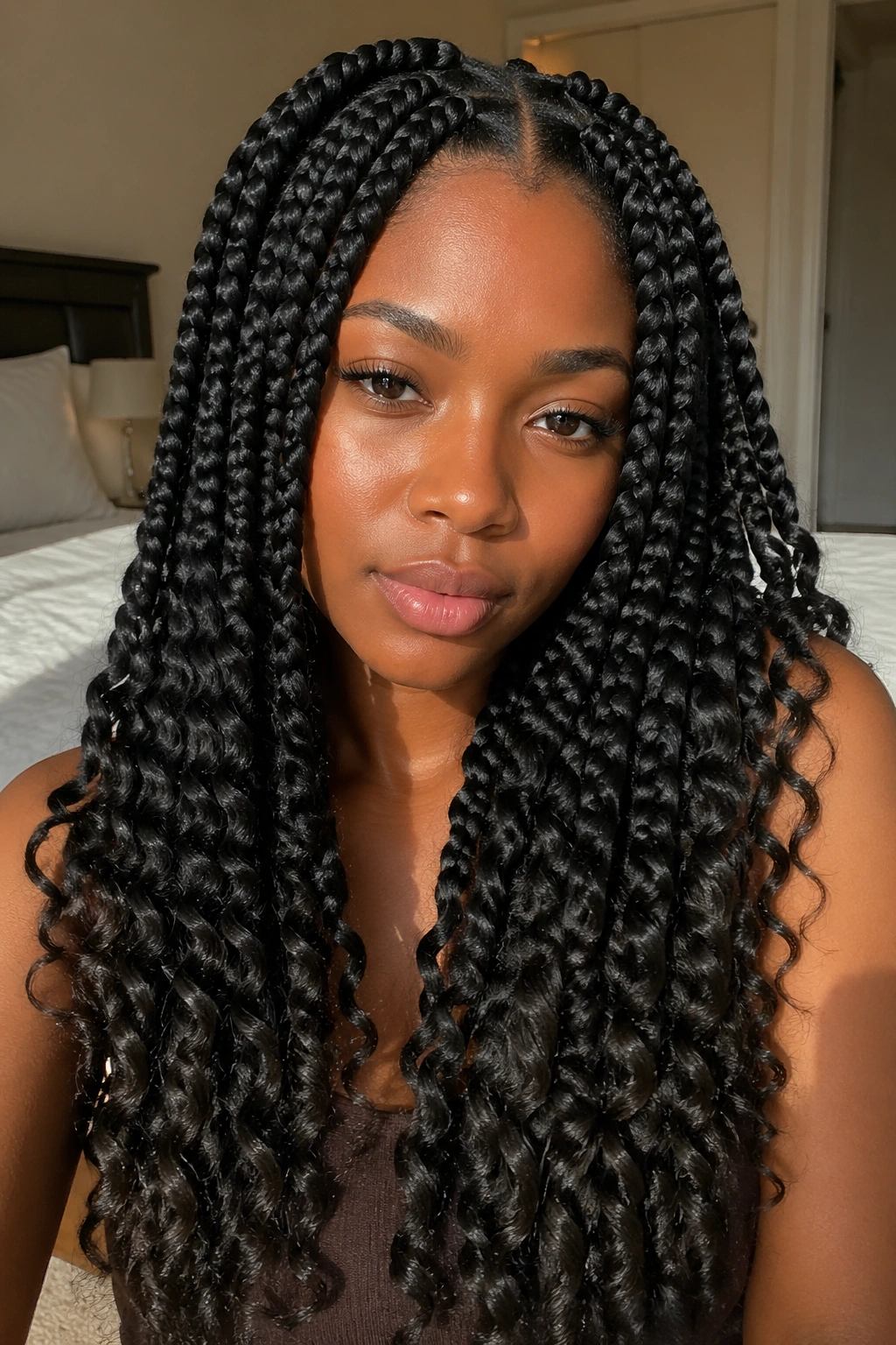 Close-up of a real woman with large knotless braids featuring passion twist curl ends