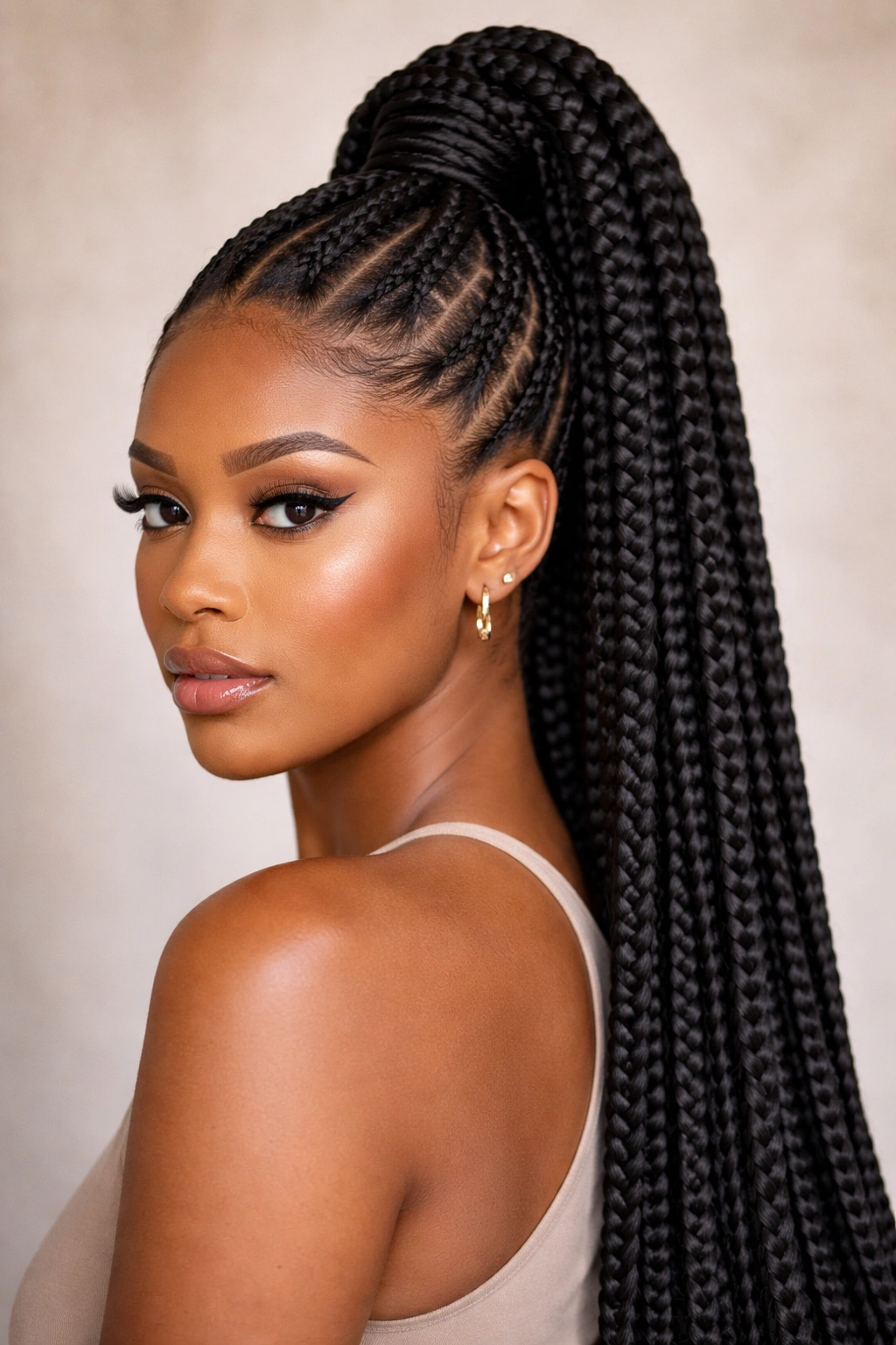 Large knotless high braided pony with oversized braids and simple parting.