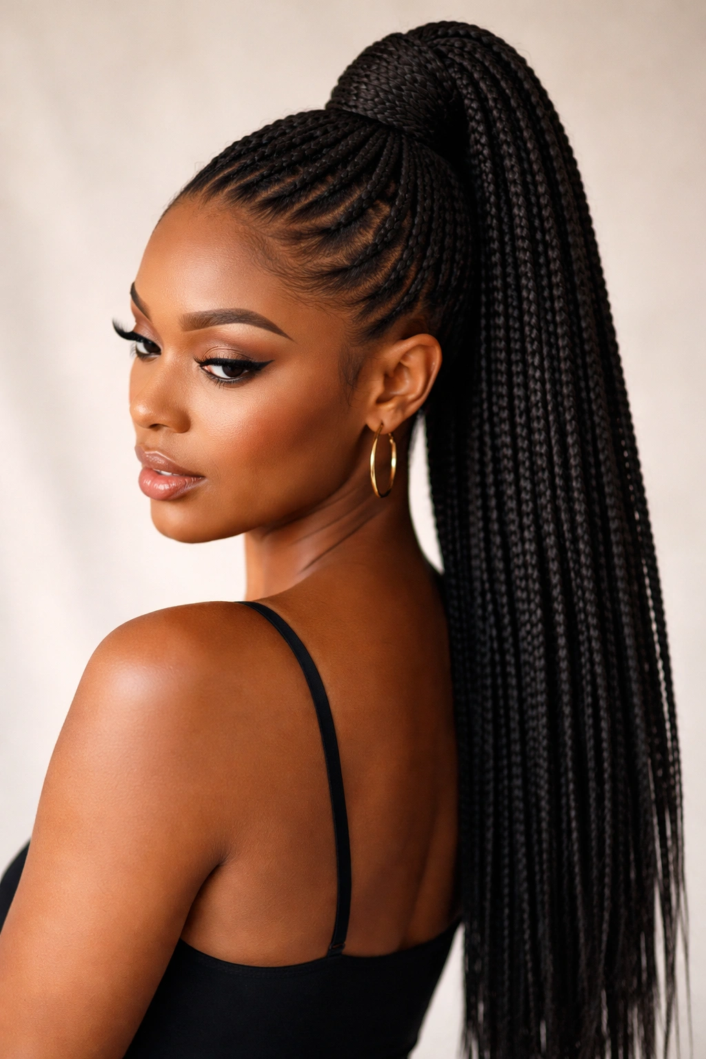 Knotless braids gathered into a high ponytail with a clean base.