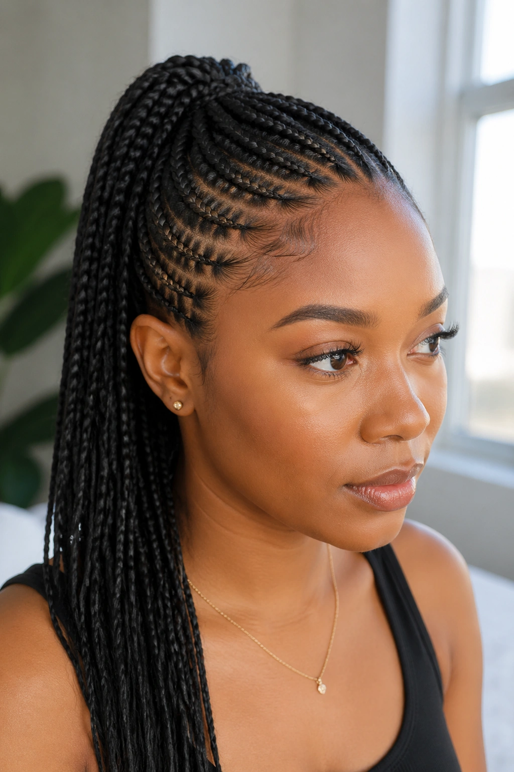 Real woman with knotless braided ponytail