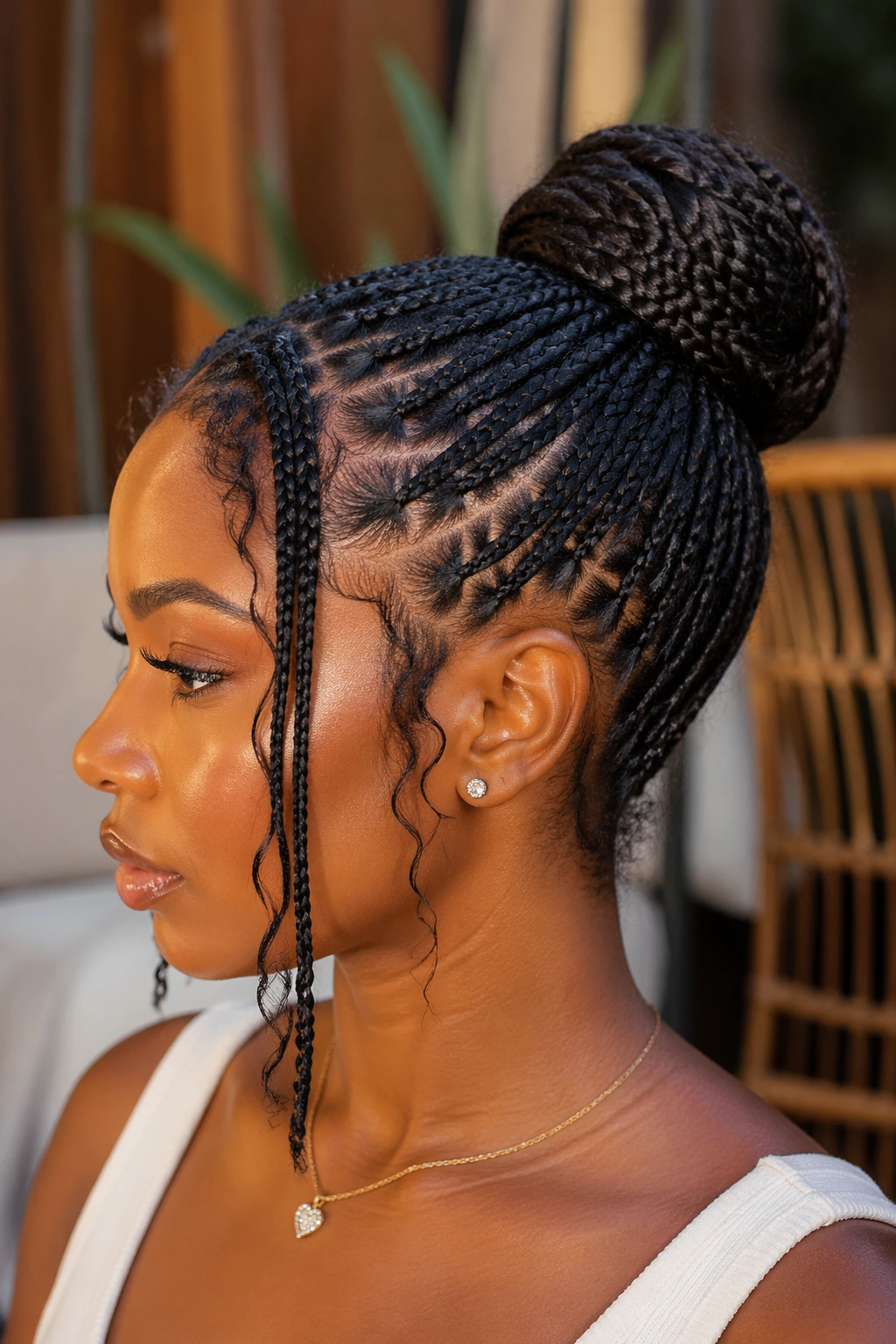 Close-up of woman with knotless braid ponytail bun.