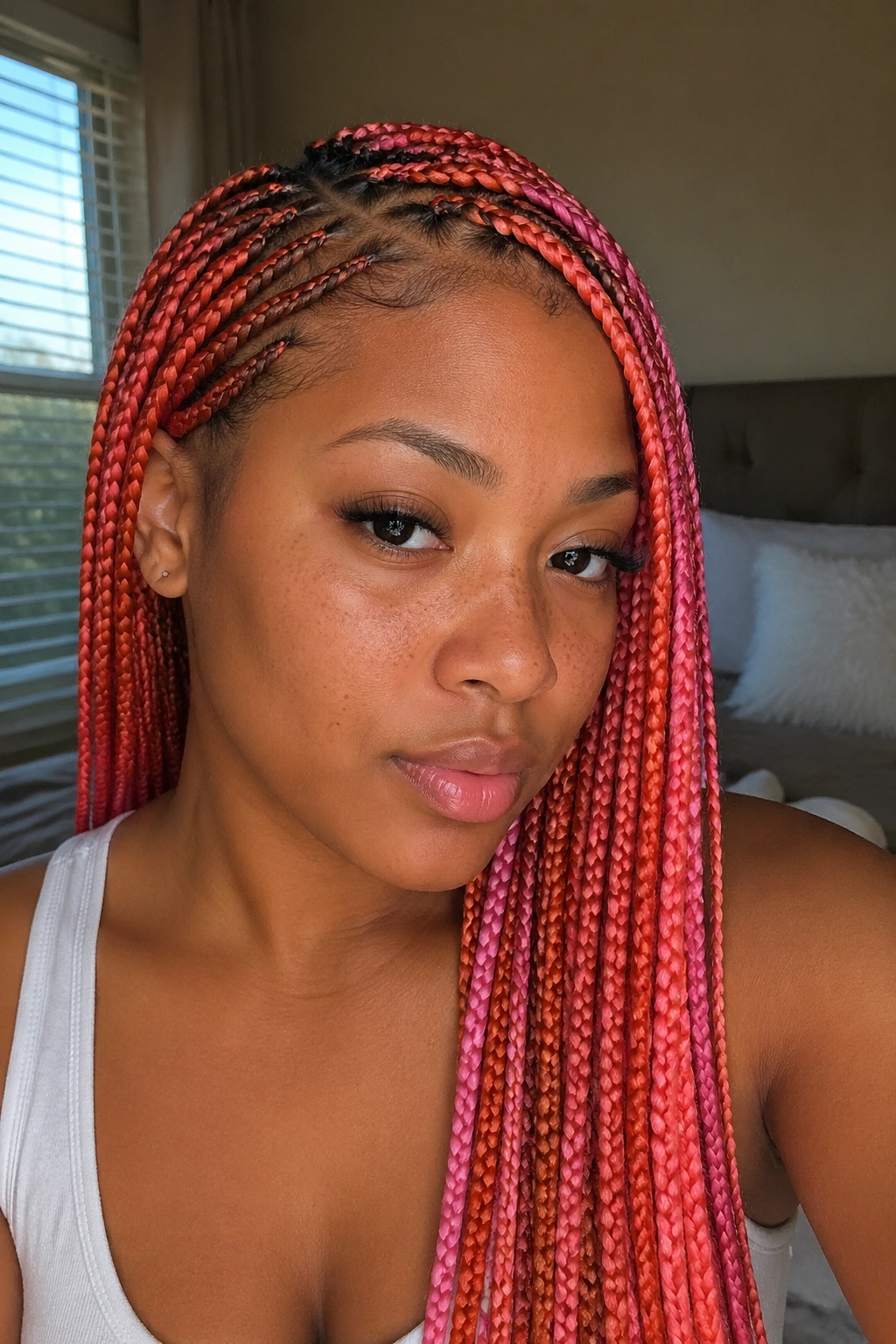 Close-up portrait of a real woman with small knotless orange and pink box braids and a side part